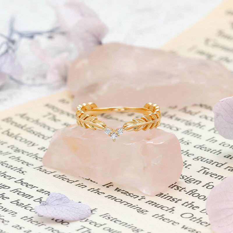 Dainty Gold Zircon Feather Leaf Ring for Women - Elegant 14K Gold Plated Leaf Design Ring with Cubic Zirconia Stones - Perfect for Weddings, Parties & Everyday Wear | TB572