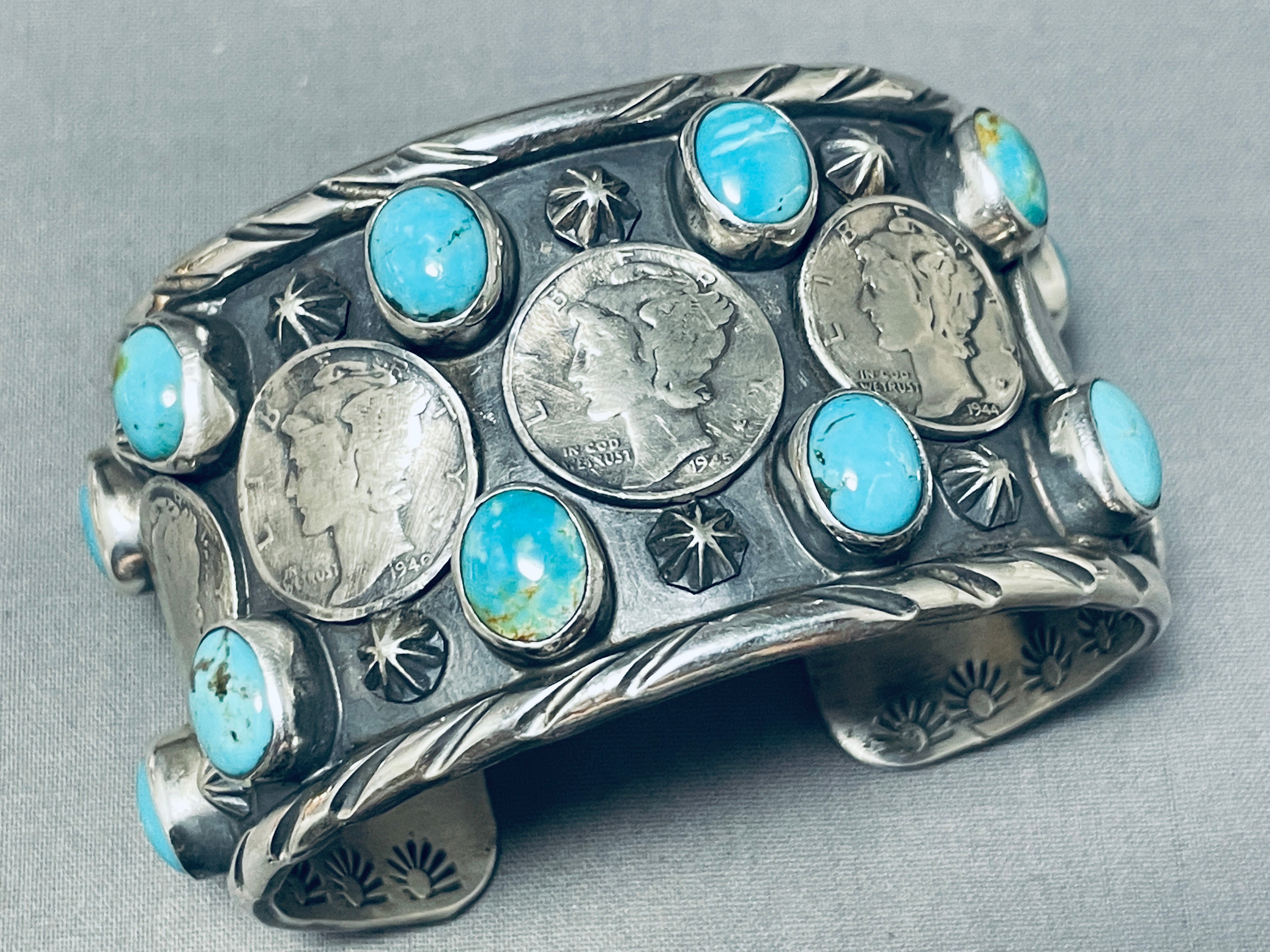 102 Gram Heavy San Felipe Turquoise Sterling Silver Coin Bracelet for Women - Handmade Southwest Native American Jewelry - Perfect for Boho Fashion, Gift Giving & Special Occasions