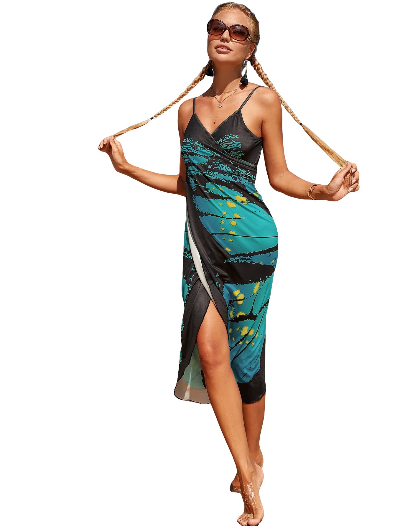 WDIRARA Women's Butterfly Print Sleeveless Swimsuit Cover Up - Beach Wrap Sun Dress with Split Hem | Lightweight Summer Swimwear Coverup for Pool, Vacation & Tropical Getaways