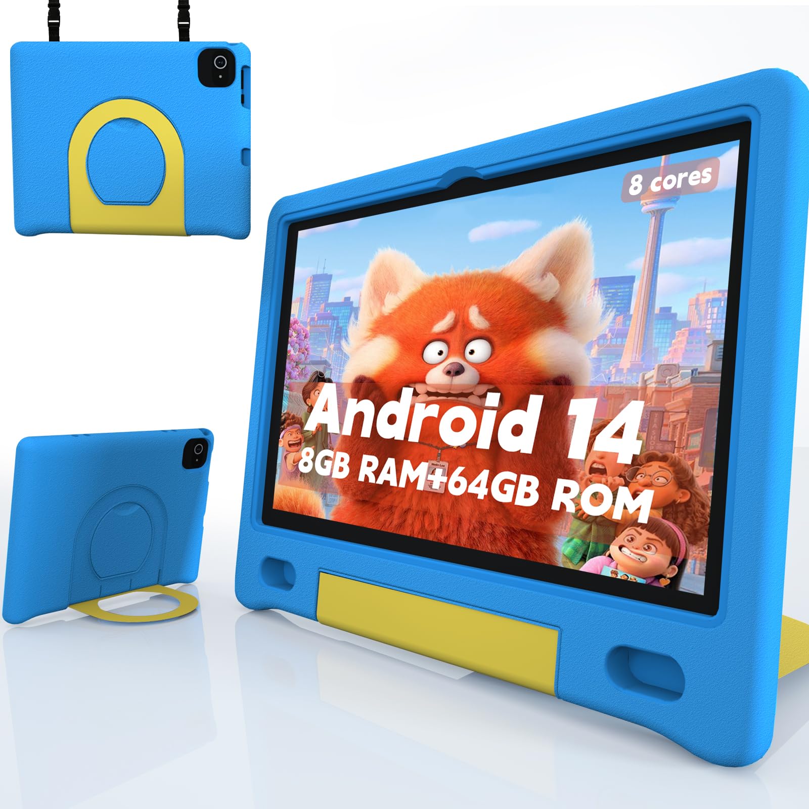 10 Inch Kids Tablet with Strap - Android 14 Octa-Core 64GB/1TB Expandable Storage, Bluetooth WiFi Dual Camera - 12-Hour Battery Life with Parental Control & Protective Case - Perfect for Learning, Games, and Travel Entertainment