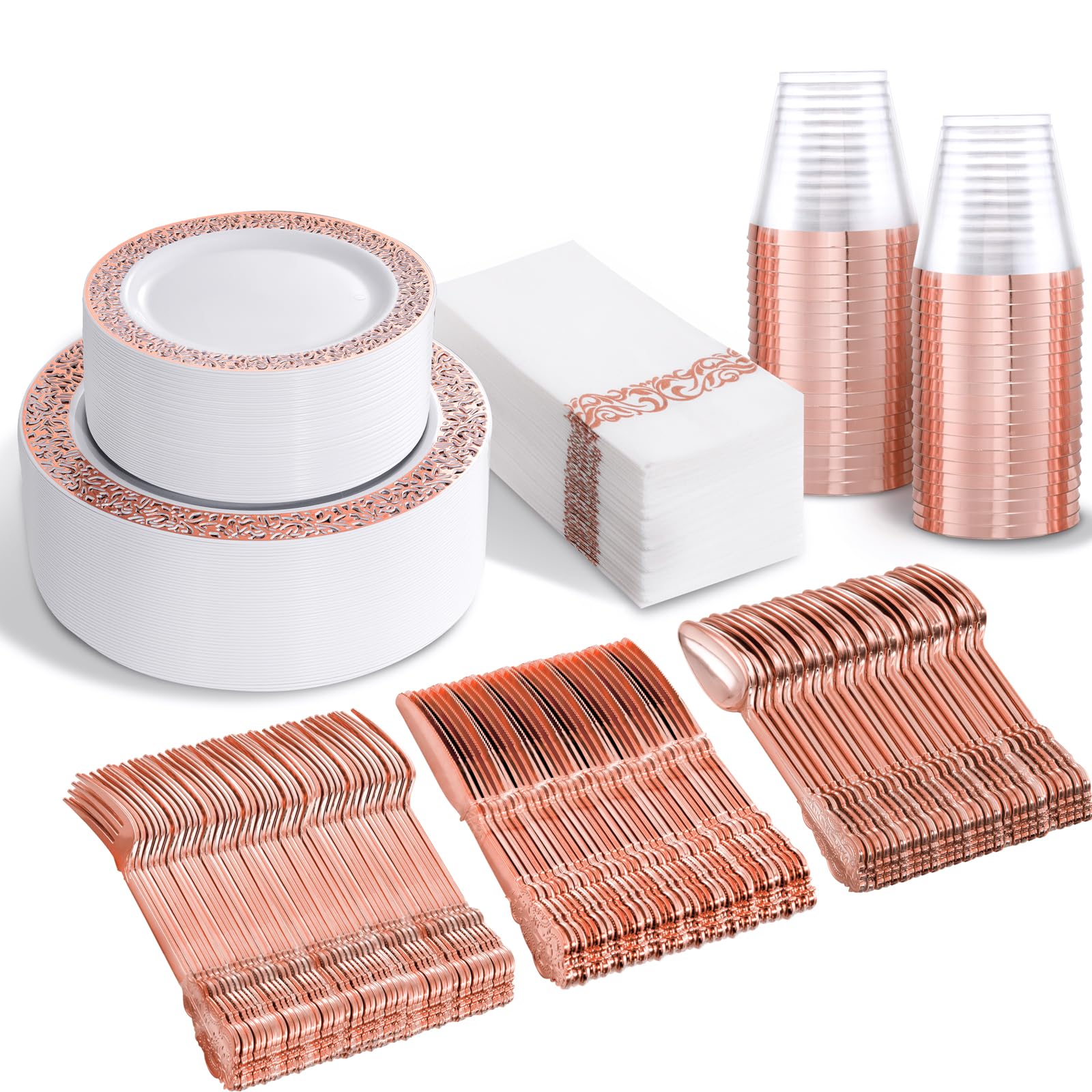 350-Piece Rose Gold Plastic Dinnerware Set with Disposable Silverware & Napkins - Elegant Lace Design Plates for Weddings, Parties, and Special Events - Perfect for Bridal Showers, Birthday Celebrations, and Outdoor Gatherings