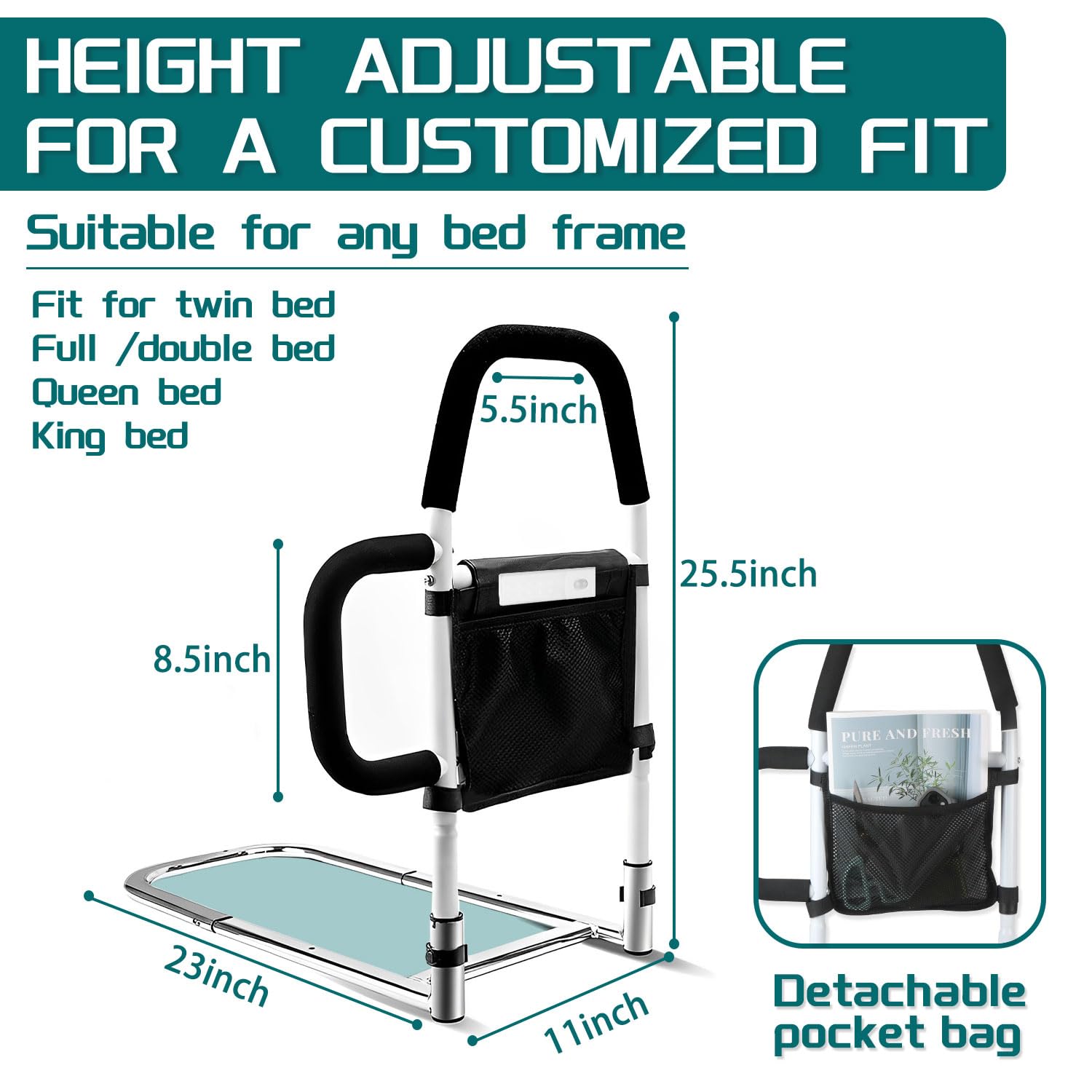 Elderly Bed Safety Rails with Motion Sensor Light & Storage Pocket - Adjustable Bed Assist Bar for Seniors, Bed Cane for Easy In & Out - Perfect for Home Care, Hospital Beds & Mobility Assistance