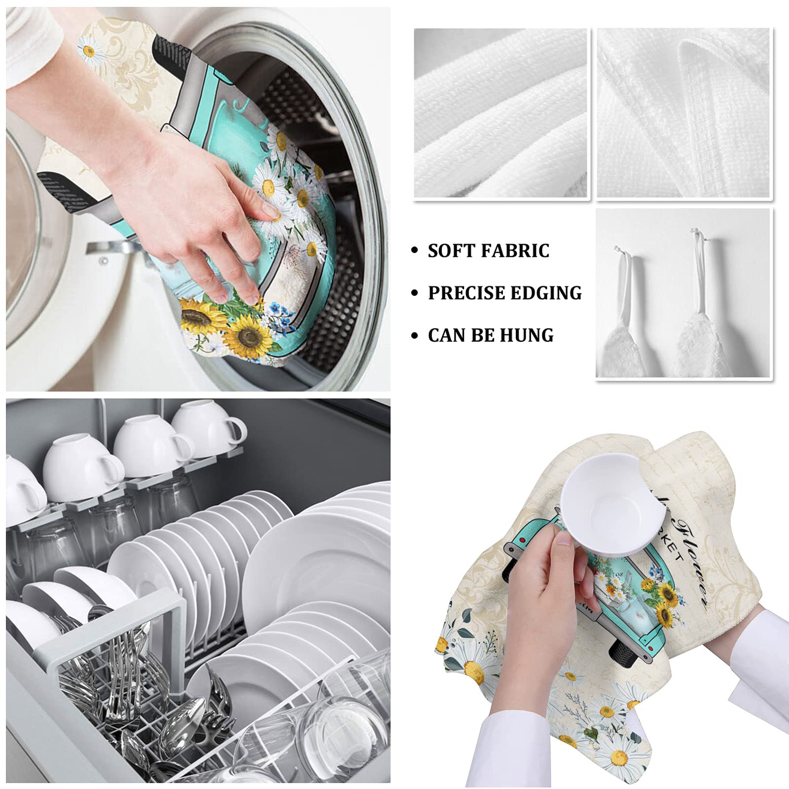 Microfiber Kitchen Towels - 18x28 Inch Absorbent & Reusable Dish Towels, Tea Towels & Bar Towels with Fresh Flower Market Daisies Truck Retro Design - Perfect for Kitchen Cleaning, Dish Drying & Home Decor