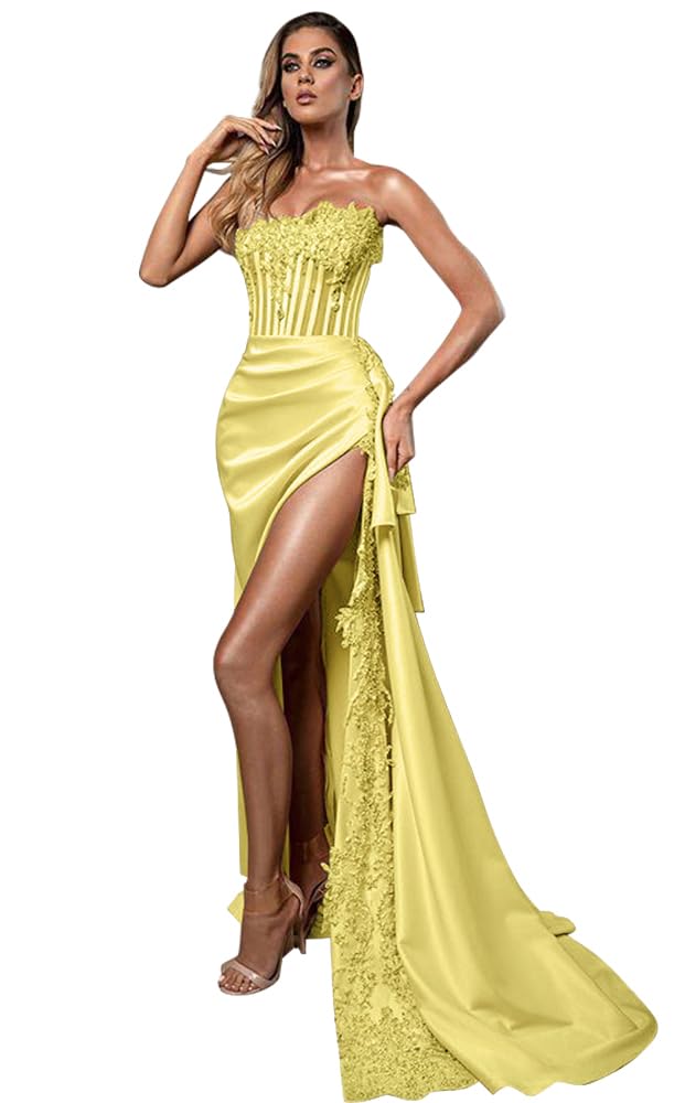 Strapless Corset Black Prom Dress with High Slit - Women's Formal Mermaid Evening Gown for Wedding, Party & Special Occasions