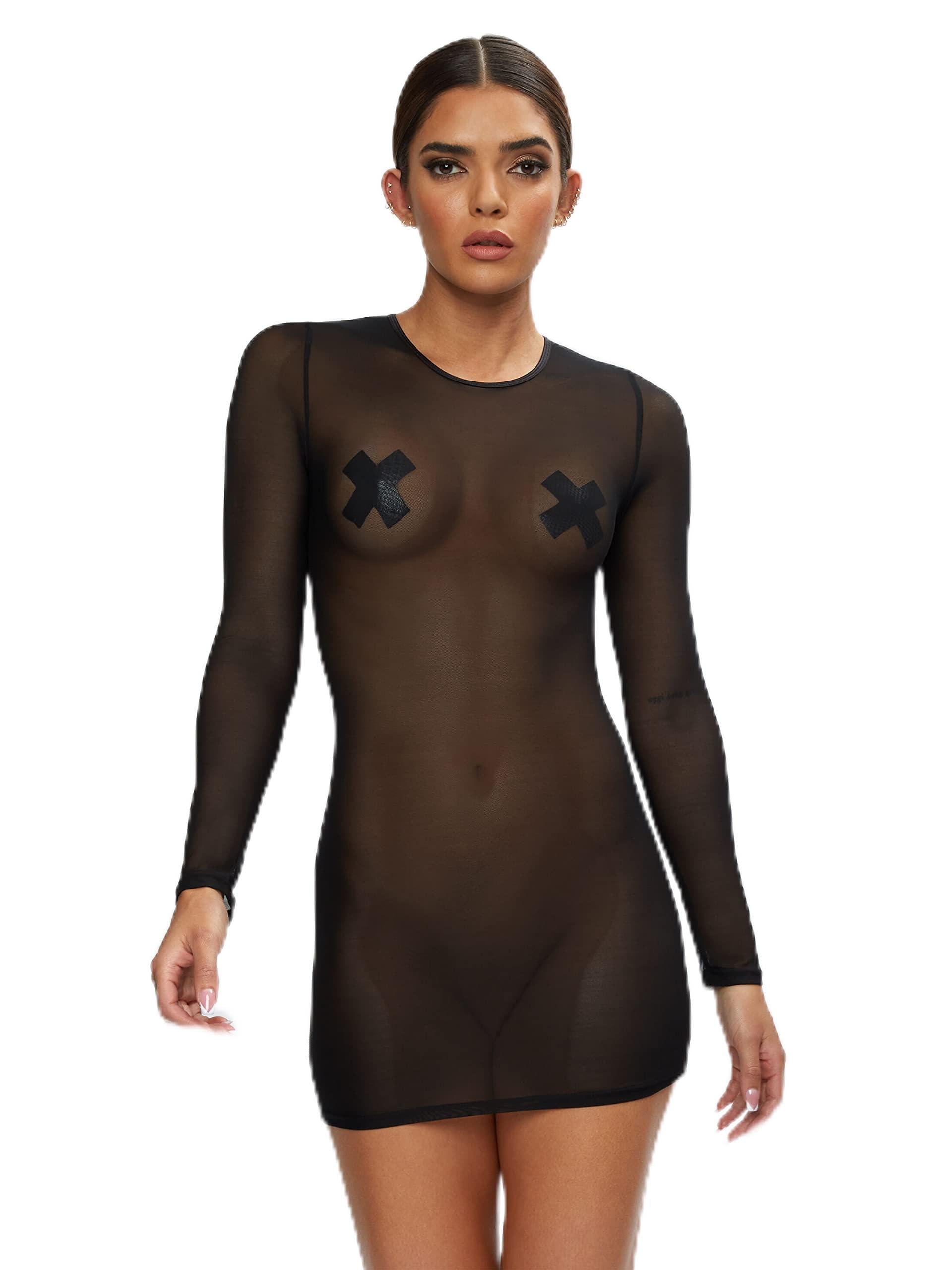 Ann Summers The Visionary Dress - Sexy Black Sheer Bodycon Long Sleeve Mini Dress for Women | Mesh Lingerie Set with High Neckline | Perfect for Date Night, Club Wear & Special Occasions