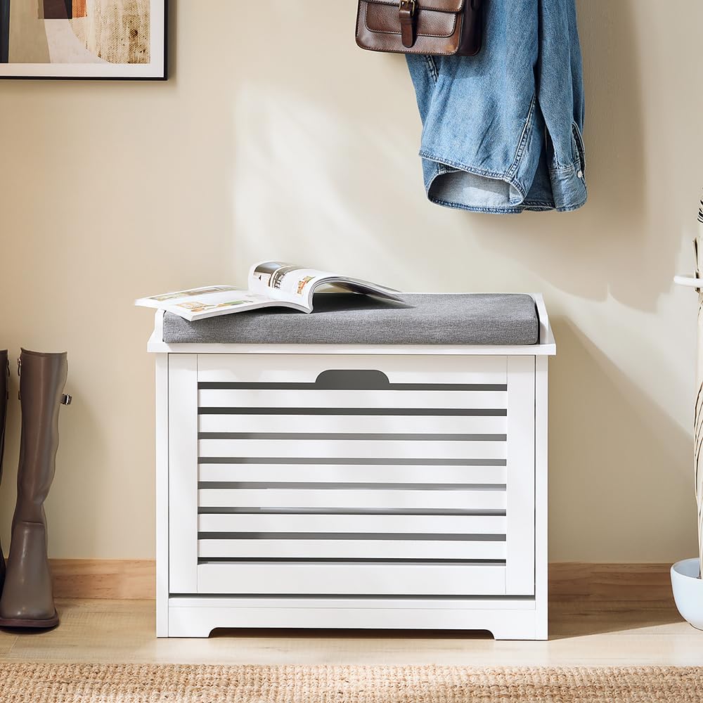 SoBuy Small Storage Bench with Seat Cushion - Narrow Shoe Cabinet with 1 Drawer for Entryway, Apartment, Living Room - White (FSR184-K-W) - Perfect for Organizing Shoes, Hats & Accessories in Small Spaces