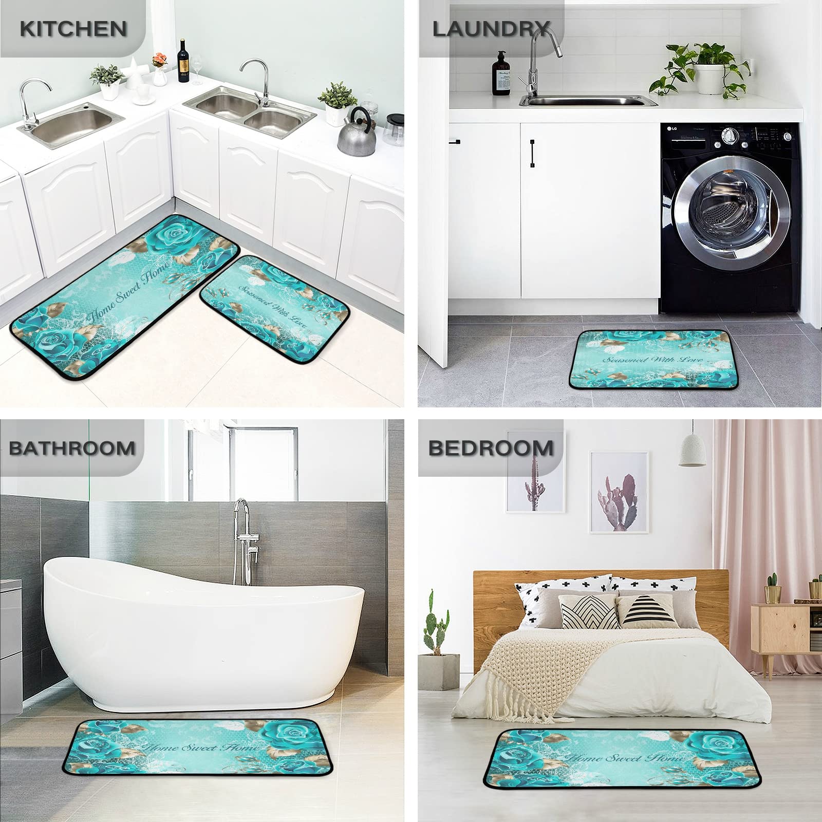 Non-Slip Washable Turquoise Kitchen Rugs Set of 2 - Teal Runner Mats for Floor, Rose Pattern Kitchen Decor - Perfect for Sweet Home Decor & Seasoned Love Theme | Ideal for Kitchens, Entryways & High-Traffic Areas