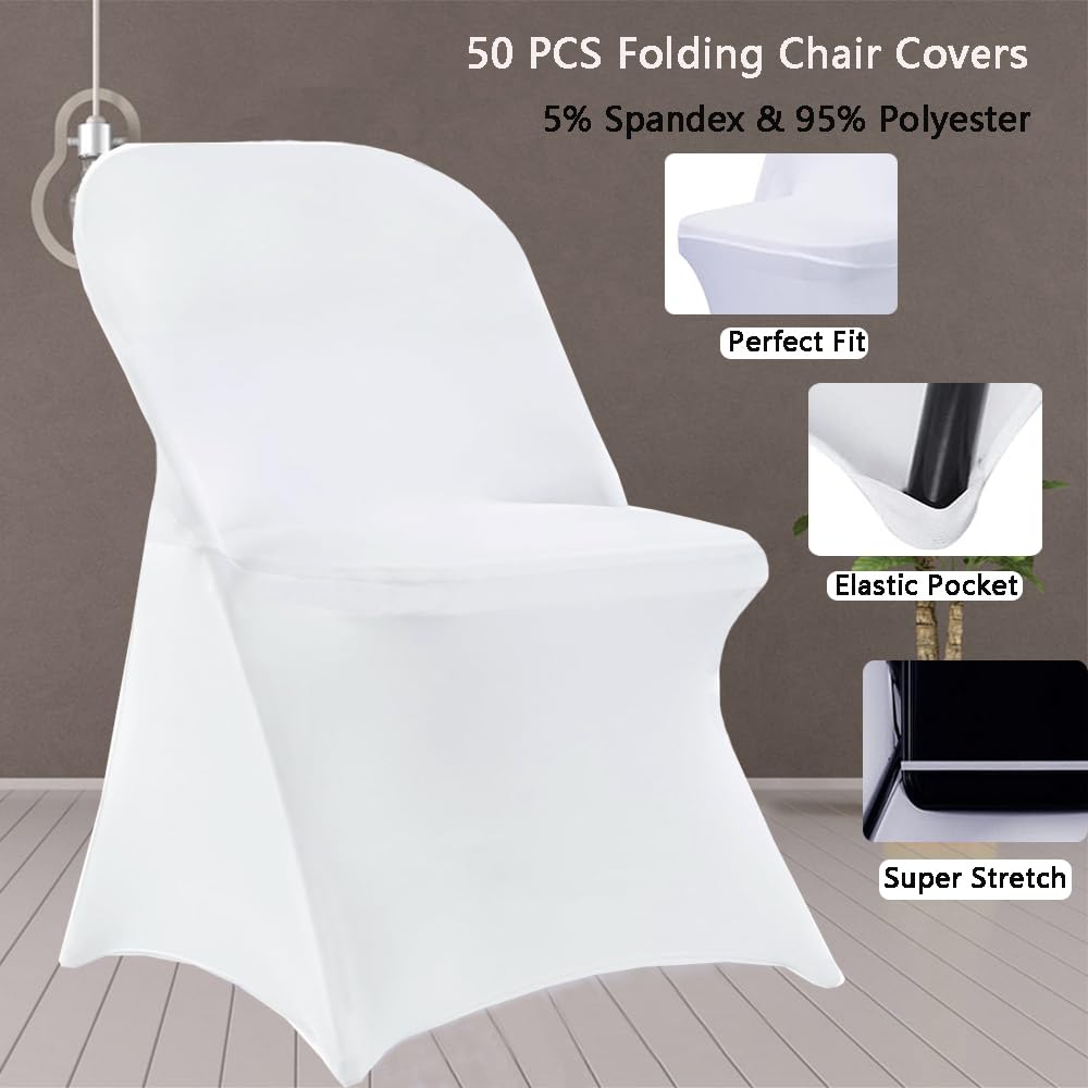 50 Pack White Folding Chair Covers - Stretchable Spandex Banquet & Wedding Chair Slipcovers - Perfect for Events, Parties, and Home Decor