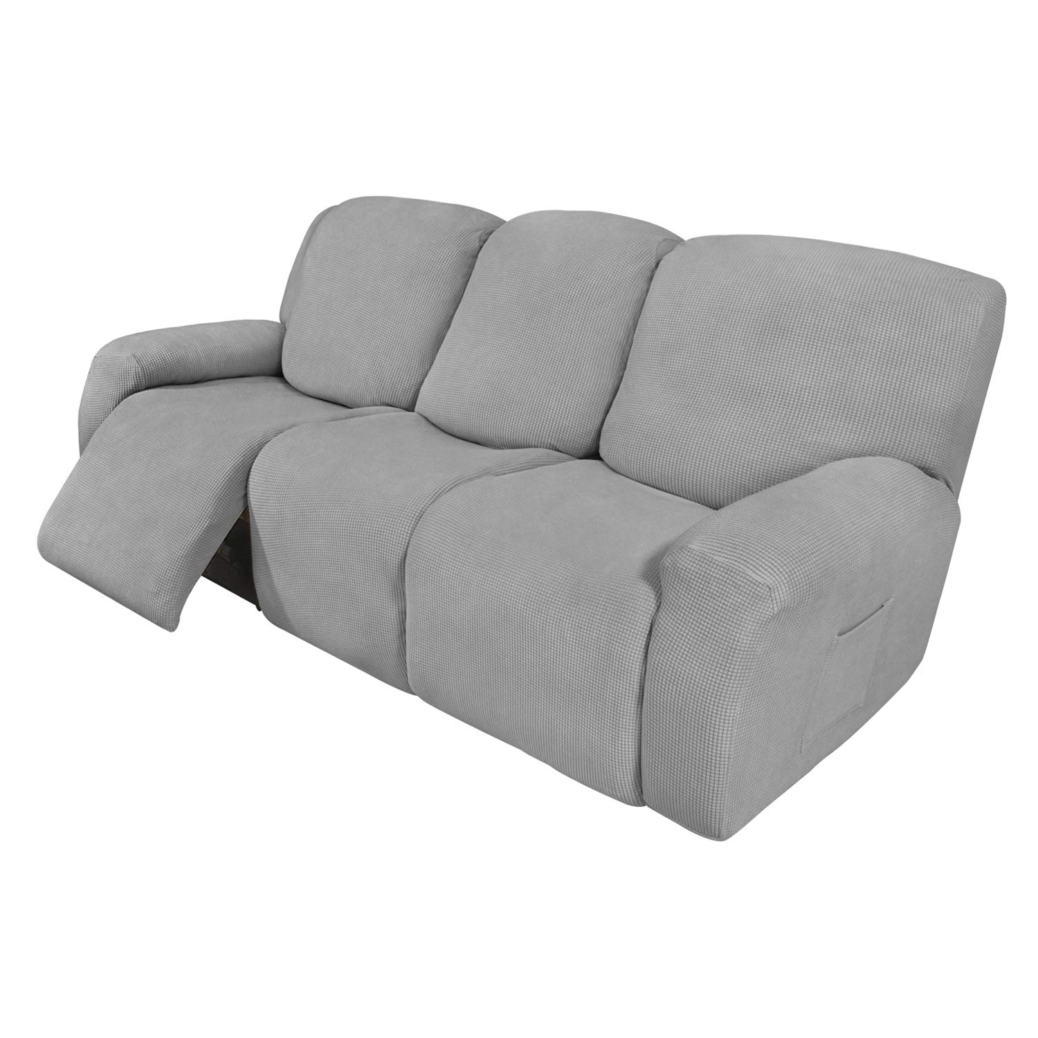 8-Piece Stretch Recliner Sofa Slipcover Set - Soft Spandex Jacquard Fabric with Elastic Bottom - Light Gray Checkered Pattern - Furniture Protector for Kids & Pets - Perfect for Living Room, Family Room, and Home Theater Use