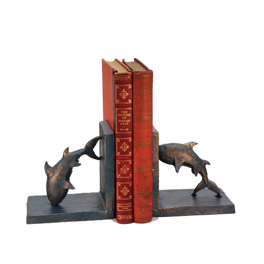 Dolphin Bookends - Sea Blue Over Brass Metal Cast Iron Pair - Elegant Book Holders for Home Office & Library Decor