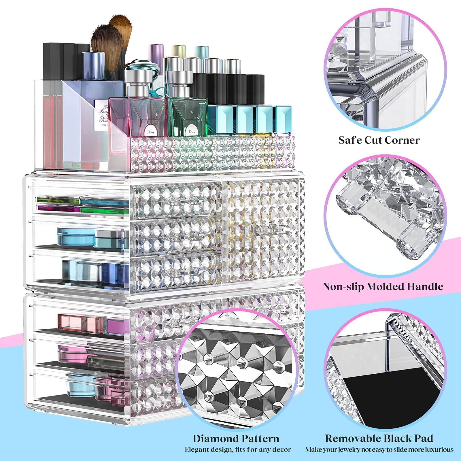 360° Rotating Acrylic Makeup Organizer with Drawer - 2-in-1 Cosmetic Storage Case for Brushes, Perfume & Jewelry Display | Perfect Vanity Organizer & Gift for Women | Home Bathroom Bedroom Beauty Organization