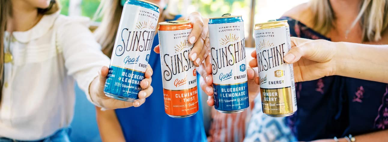 Sunshine Beverages Sparkling Energy Drink - Ginger Berry Flavor | Caffeinated Vitamin Water with Low Calories | Healthy Coffee Alternative for Workouts & Focus | 12 Fl Oz (6x4 Pack) | Perfect for Gym, Office & Study Sessions