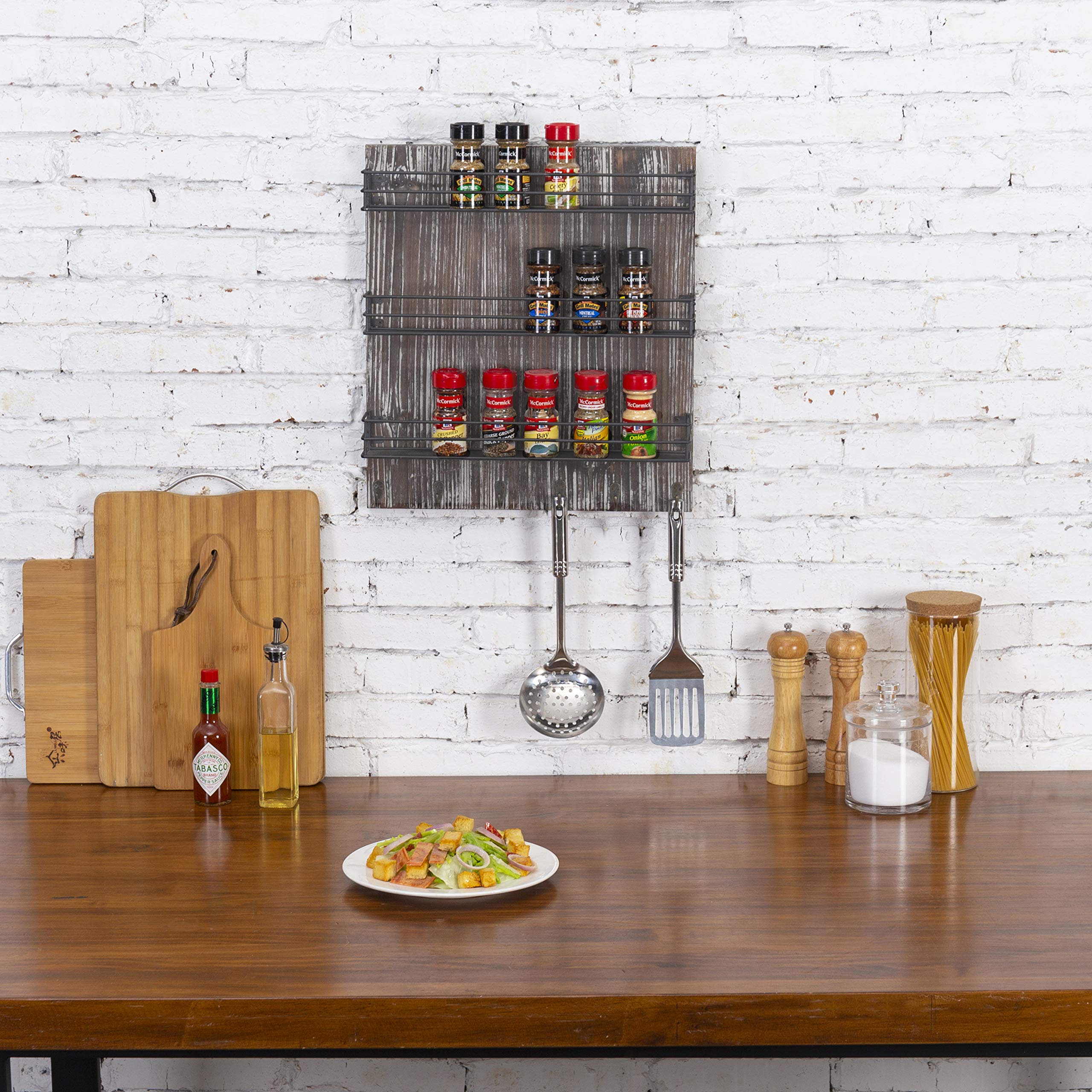 MyGift 3-Tier Black Metal Wall-Mounted Spice Rack Organizer with Torched Wood Finish, 6 Hooks & Seasoning Jars - Space-Saving Kitchen Storage for Spices, Utensils & Cooking Essentials - Perfect for Small Kitchens, Pantries & RV Cooking Spaces