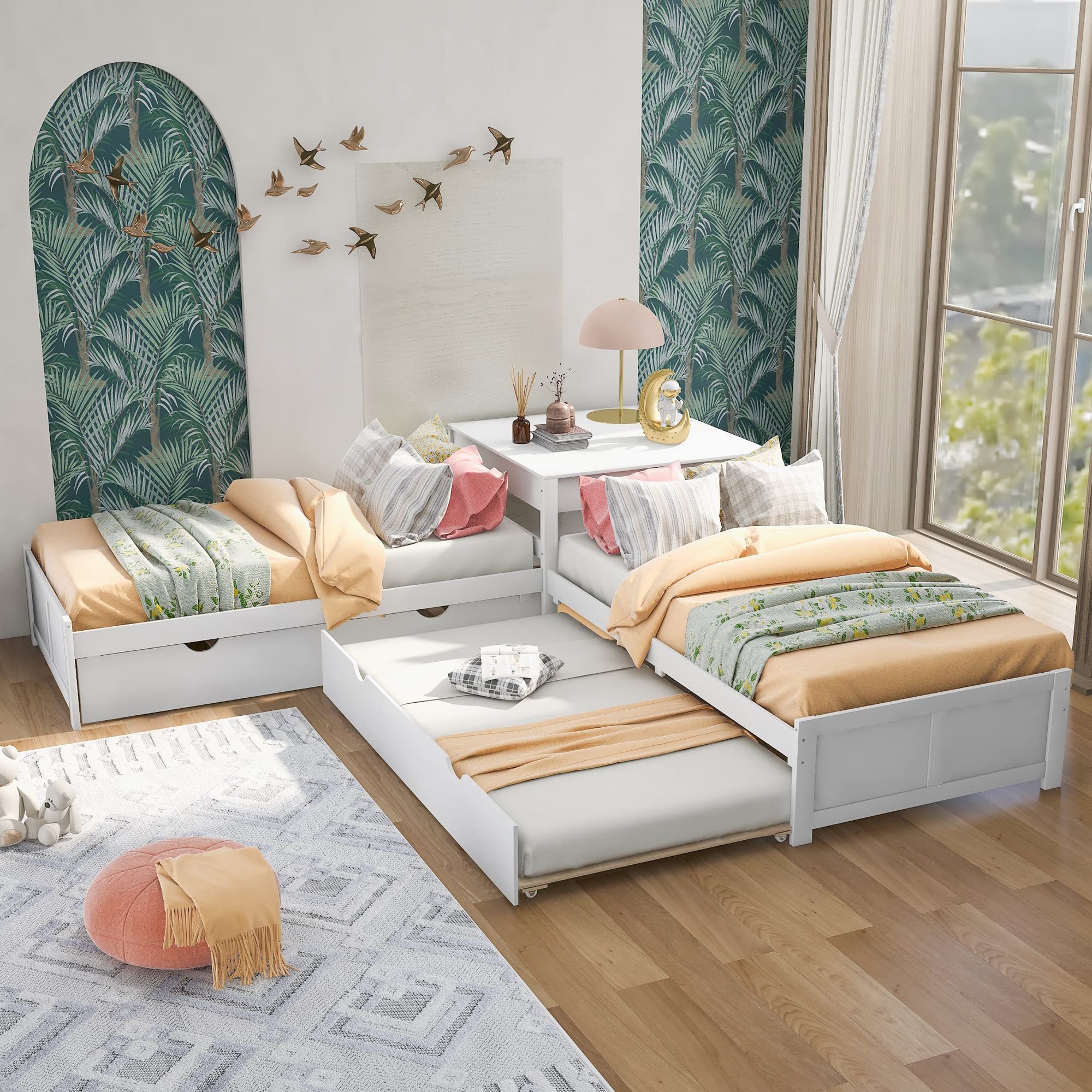 P PURLOVE L-Shaped Twin Platform Bed Frame with 2 Trundles & Built-in Square Table - Easy Assembly, Noise-Free, No Box Spring Needed - White - Perfect for Small Bedrooms, Kids' Rooms & Space-Saving Solutions