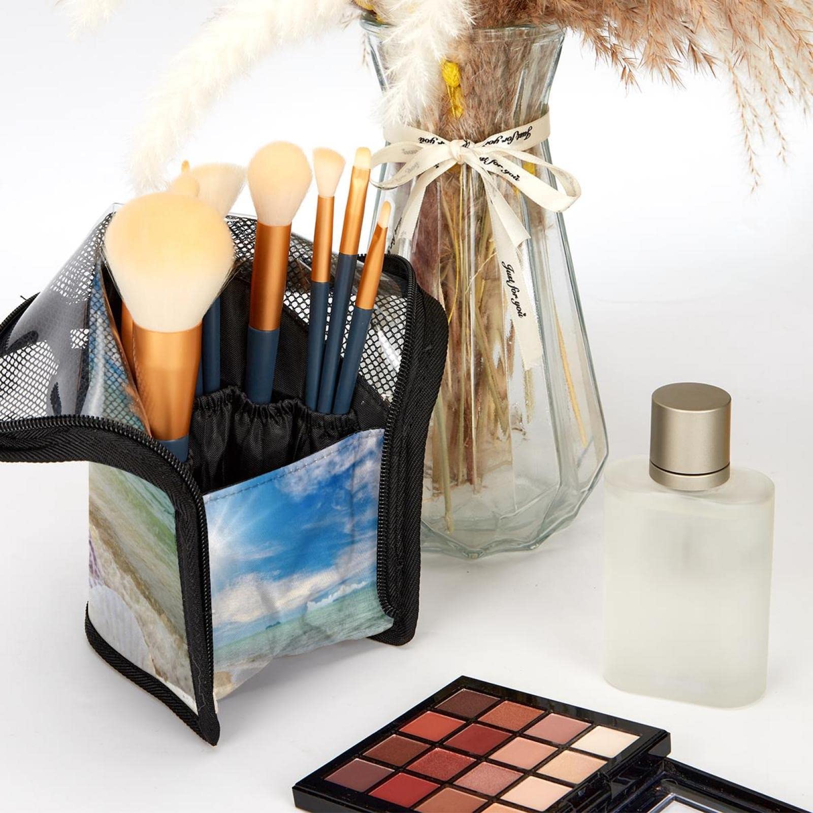 12-Piece Makeup Brush Organizer Bag with Shell & Cloud Design - Portable Cosmetic Brush Holder Case for Travel, Home & Professional Use