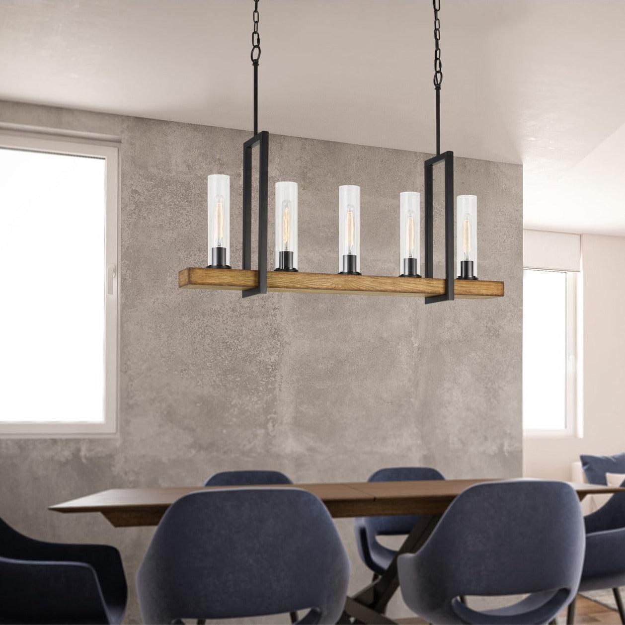Cal Lighting Vienna 60W 5-Light Pine Wood Island Chandelier - Rustic Farmhouse Ceiling Light Fixture for Kitchen, Dining Room & Bedroom