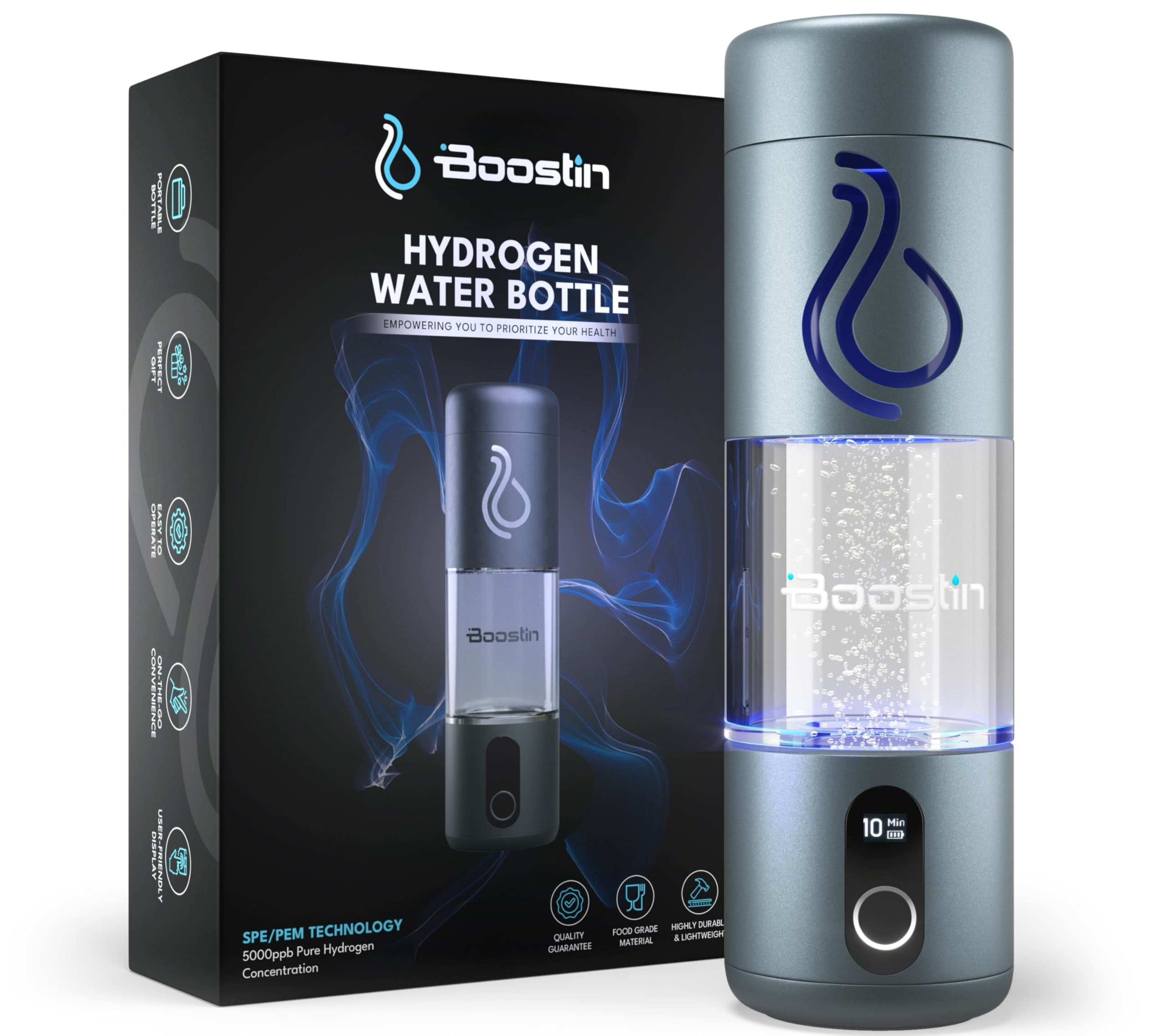 Boostin Pro Hydrogen Water Bottle - 3-in-1 SPE/PEM Technology for Enhanced Hydration & Antioxidant Benefits - Generates up to 5000PPB Hydrogen Water - Portable, Lightweight & BPA-Free with OLED Display - Perfect for Travel, Gym & Daily Wellness Routine