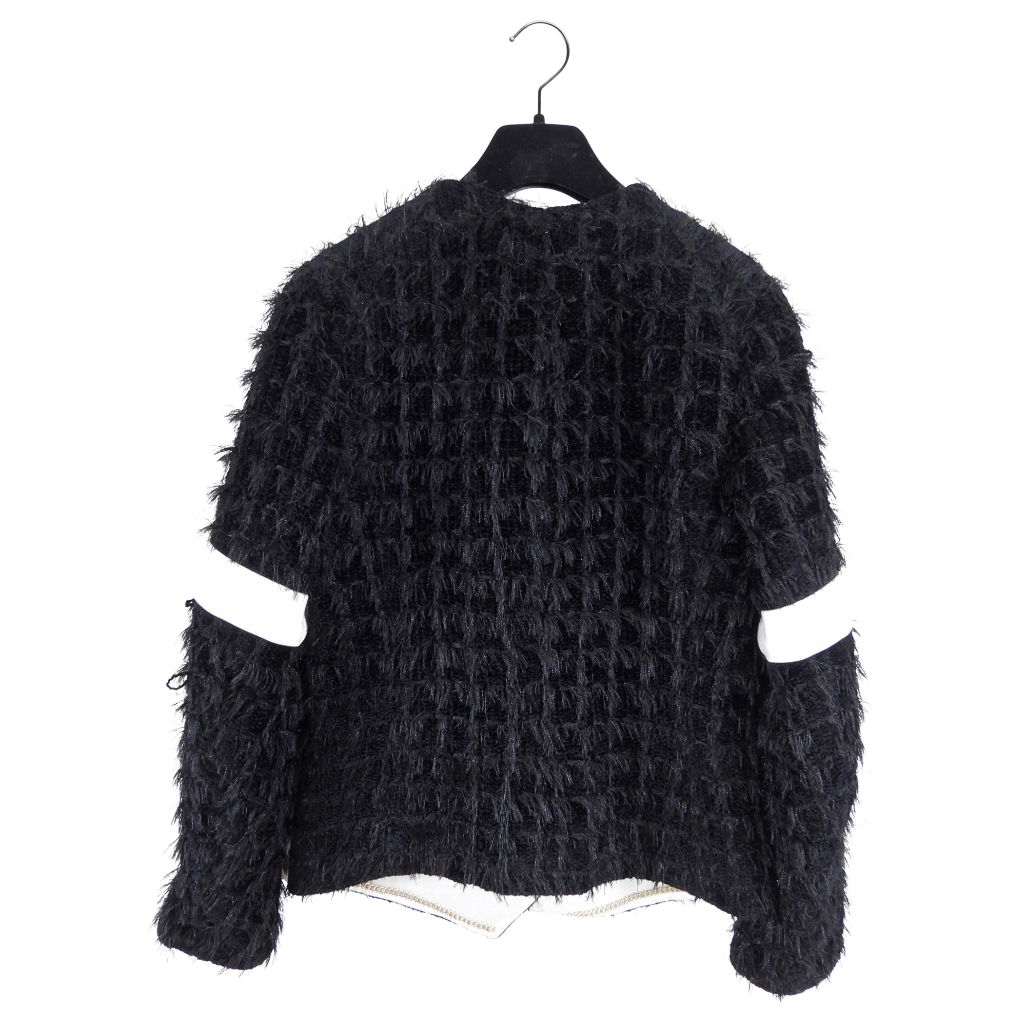 Chanel 20K Black Eyelash Tweed Jacket with White Satin Trim - Size FR38 | Luxury Designer Blazer for Women | Perfect for Evening Parties, Weddings & Special Occasions