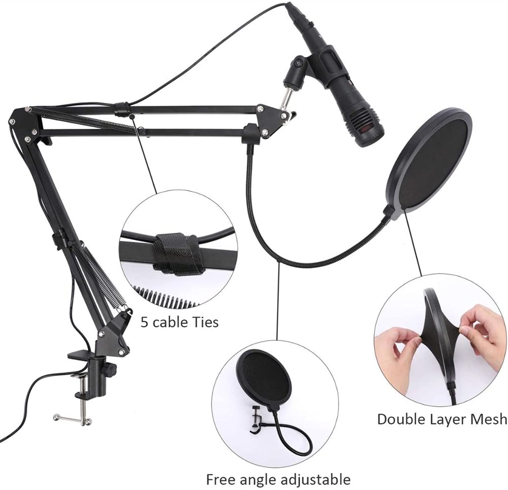Adjustable Microphone Stand with Boom Arm & Phone Holder - Compatible with Blue, Snowball & Other USB Mics - White Studio Mic Stand for Podcasting, Streaming & Home Recording