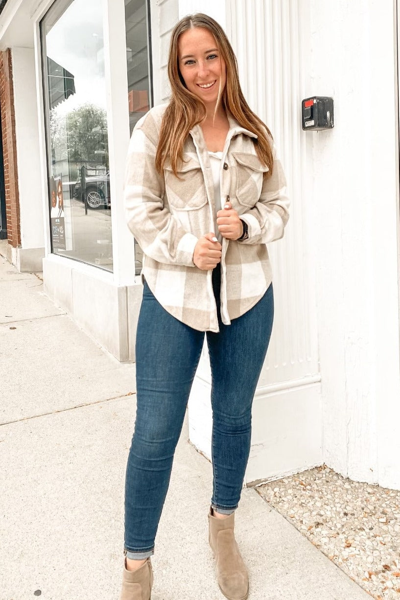 Beige Plaid Knit Shirt Jacket for Women - Cozy Oversized Button Up Cardigan Sweater | Perfect for Fall Layering, Casual Outfits & Outdoor Activities