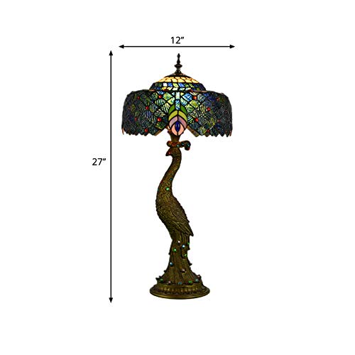 LITFAD Tiffany Style Peacock Desk Lamp - Handcrafted Stained Glass Shade with Brass Base, Adjustable Task Light for Home Office, Bedroom Nightstand, Reading Nook - Perfect Study & Decorative Lighting