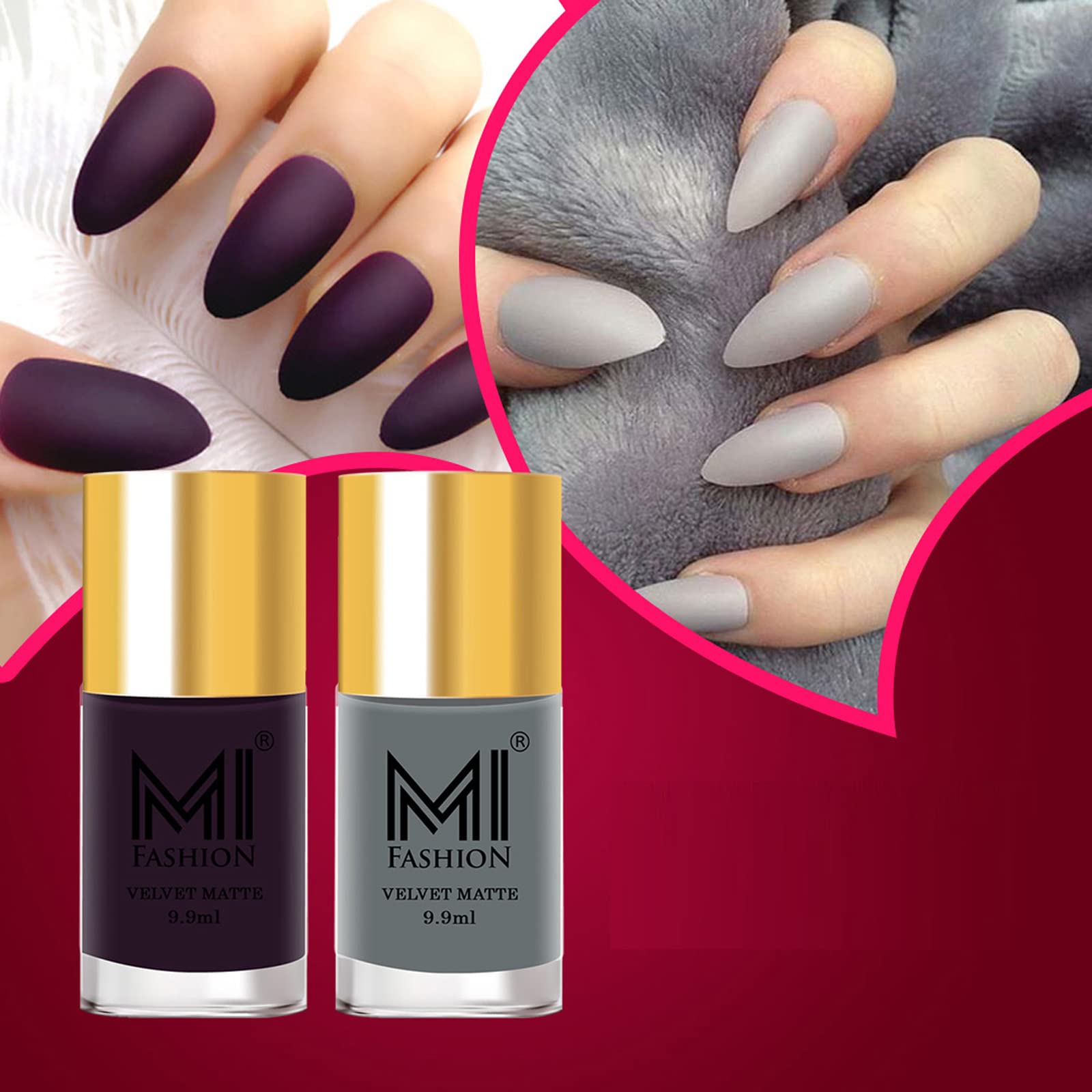 MI Fashion Matte Nail Polish Set of 2 - Long Lasting Grey & Purple Nail Polish with Wide Brush (9.9ml Each) | Perfect for Fall Winter Manicures & Professional Salon Use