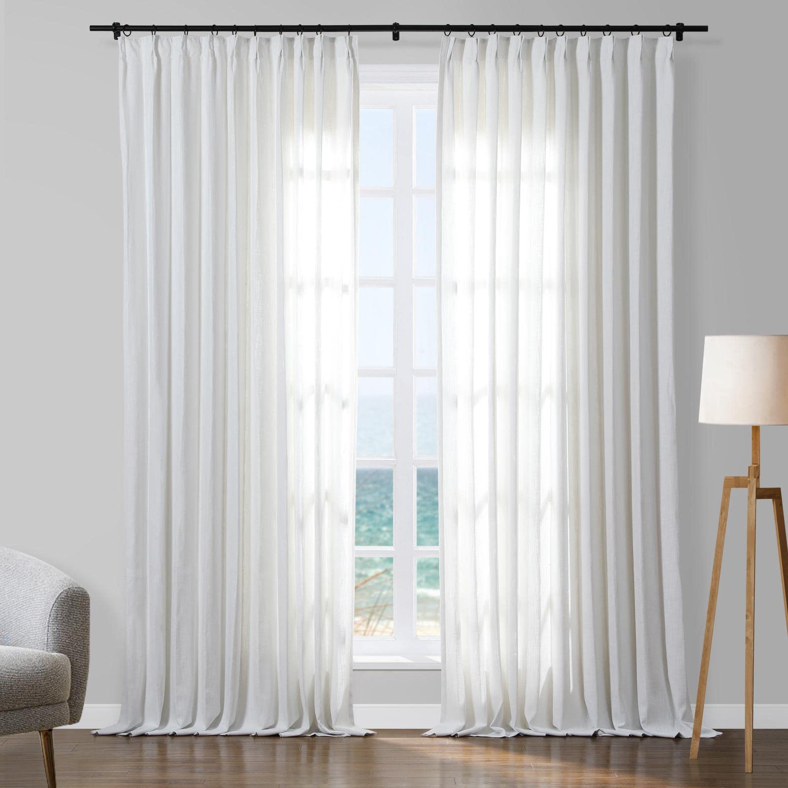 TWOPAGES White Cotton Pinch Pleated Curtains - Heavyweight Light Filtering & Room Darkening Window Panels (Set of 2, 26