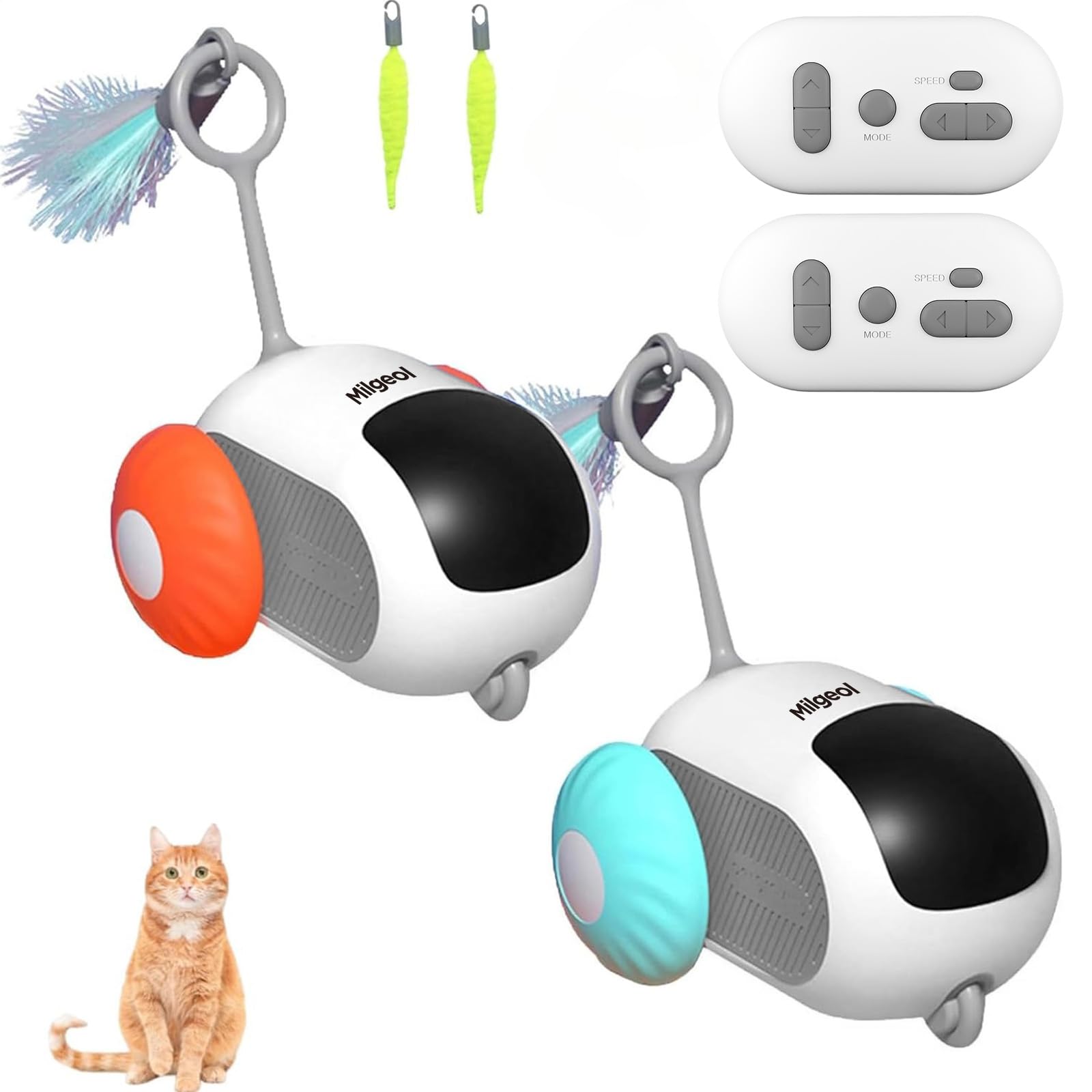 Turbo Tail 3.0 Smart Remote Control Electric Interactive Cat Toy - Rechargeable USB-C Feather Mouse Toy for Indoor Cats (2 Pack: Blue & Orange) - Perfect for Playtime, Exercise & Bonding with Your Feline Friend