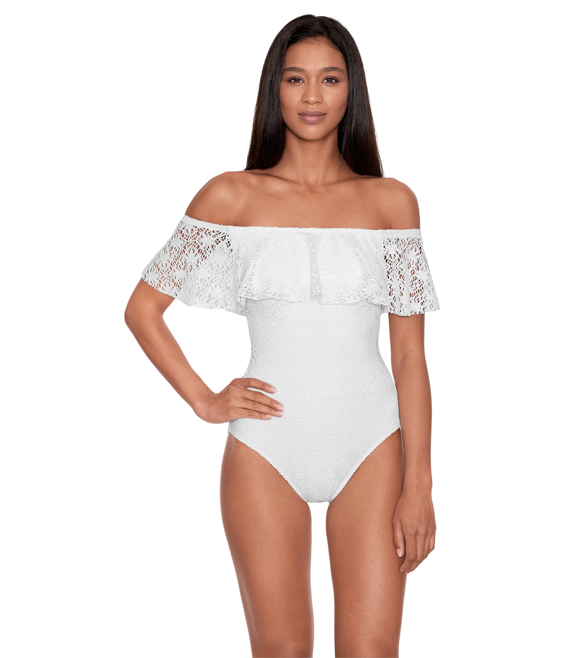 Lauren Ralph Lauren Women's Crochet Off-The-Shoulder One-Piece Swimsuit - White Size 4 | Beach Vacation, Pool Party & Summer Swimwear