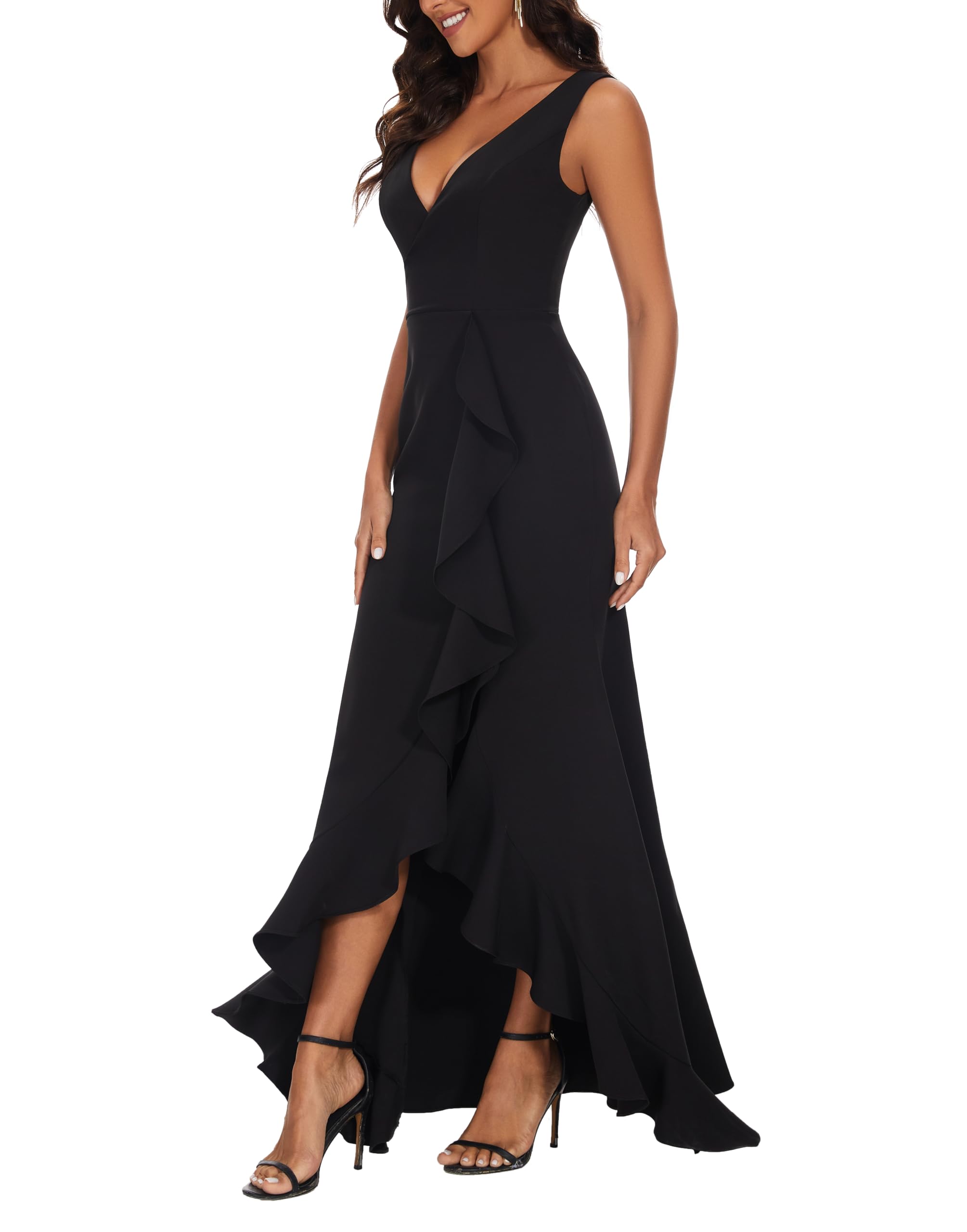 Elegant Long Black Formal Dress for Women - Plunging V-Neck Sleeveless Ruffle Maxi Dress for Wedding Guest & Bridesmaid | Perfect for Cocktail Parties, Evening Events & Special Occasions