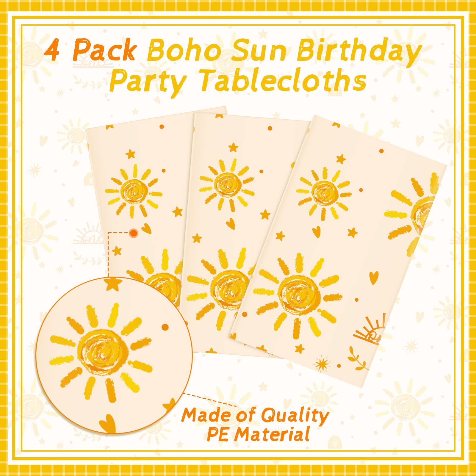Jetec 4-Pack Boho Sun Birthday Party Tablecloths - 51.2 x 86.6 Inch Rectangular Plastic Table Covers for First Birthday, Baby Shower & Outdoor Celebrations - Sun-Themed Party Decorations Supplies