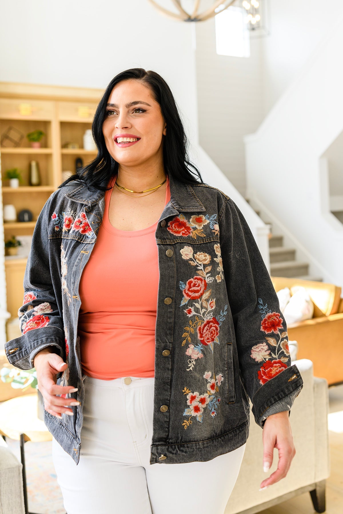 Stylish Floral Embroidered Denim Jacket for Women - Trendy Spring & Fall Outerwear for Casual Outings & Date Nights