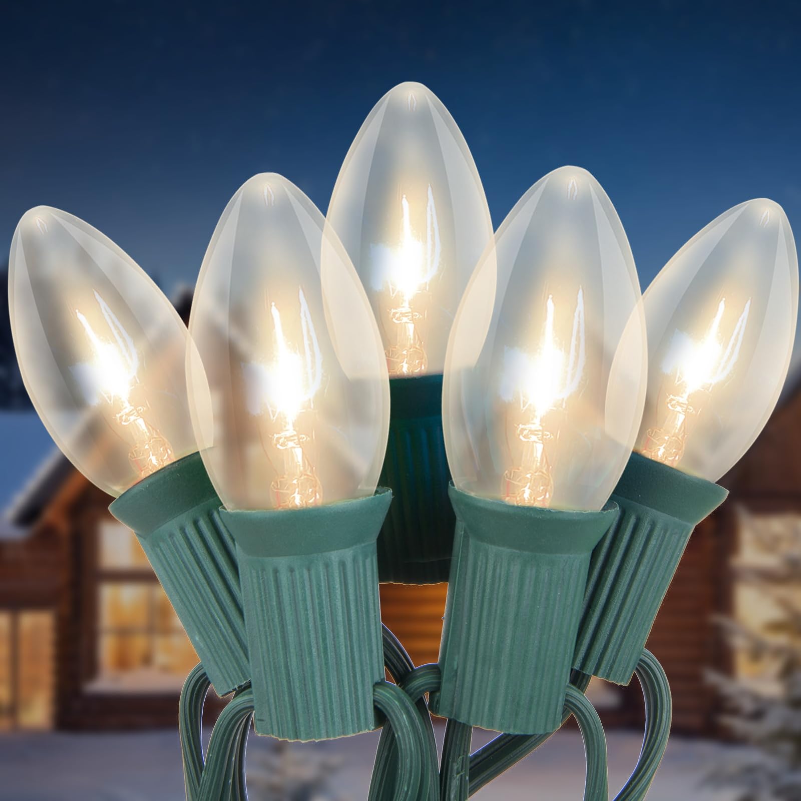 C9 Clear Christmas String Lights 25Ft - 26 Bulbs Outdoor Hanging Lights for Roofline, Patio & Yard Decor - 7 Watt E17 Intermediate Base Green Wire - Perfect for Holiday, Wedding & Party Lighting