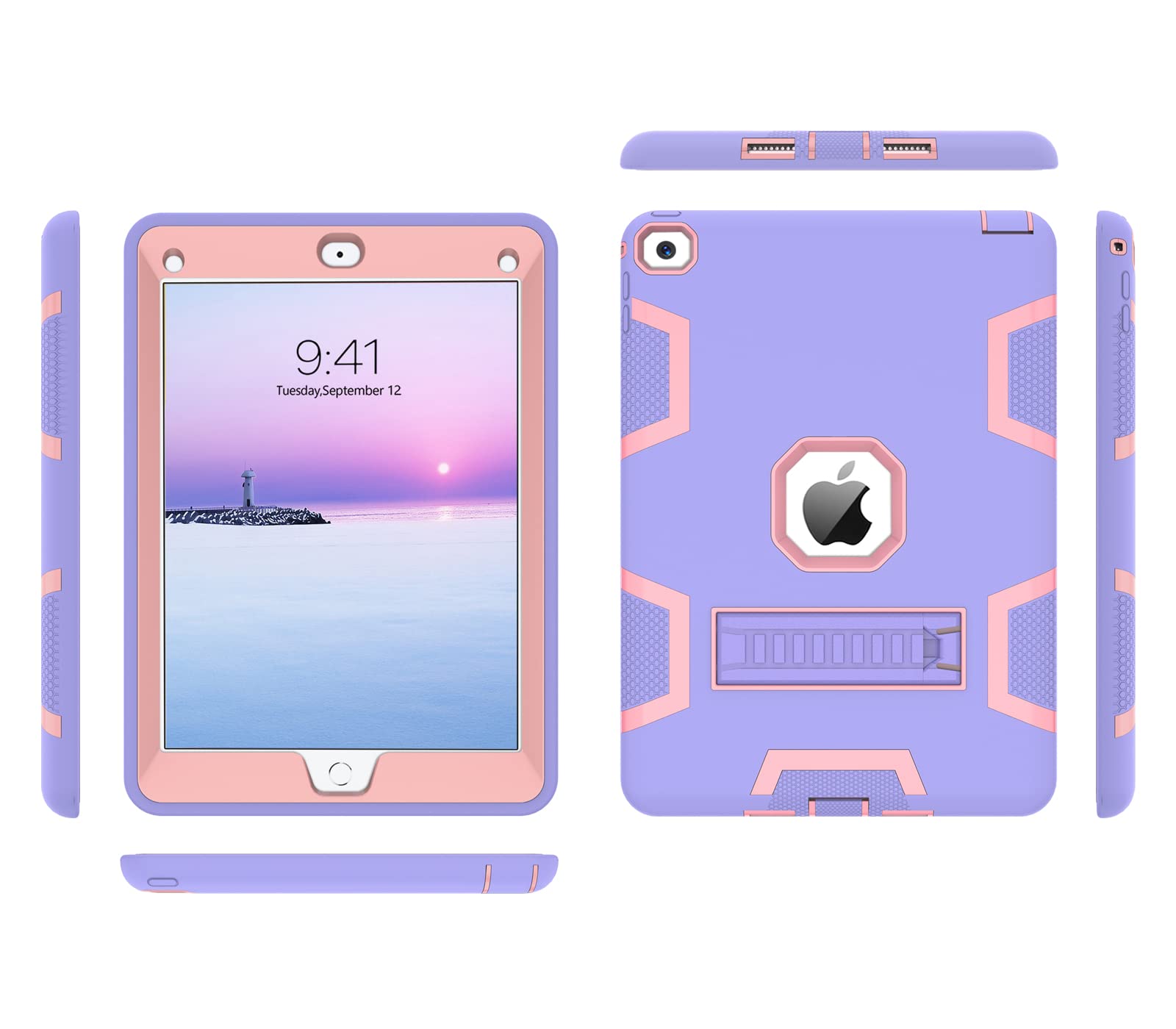 BENTOBEN iPad Air 2 Case (A1566/A1567) - 3-in-1 Heavy Duty Hybrid Protective Cover with Shockproof PC Hard Shell & Soft Silicone, Built-in Kickstand - Purple/Rose Gold - Perfect for Kids, Women & Men - Ideal for School, Work & Travel