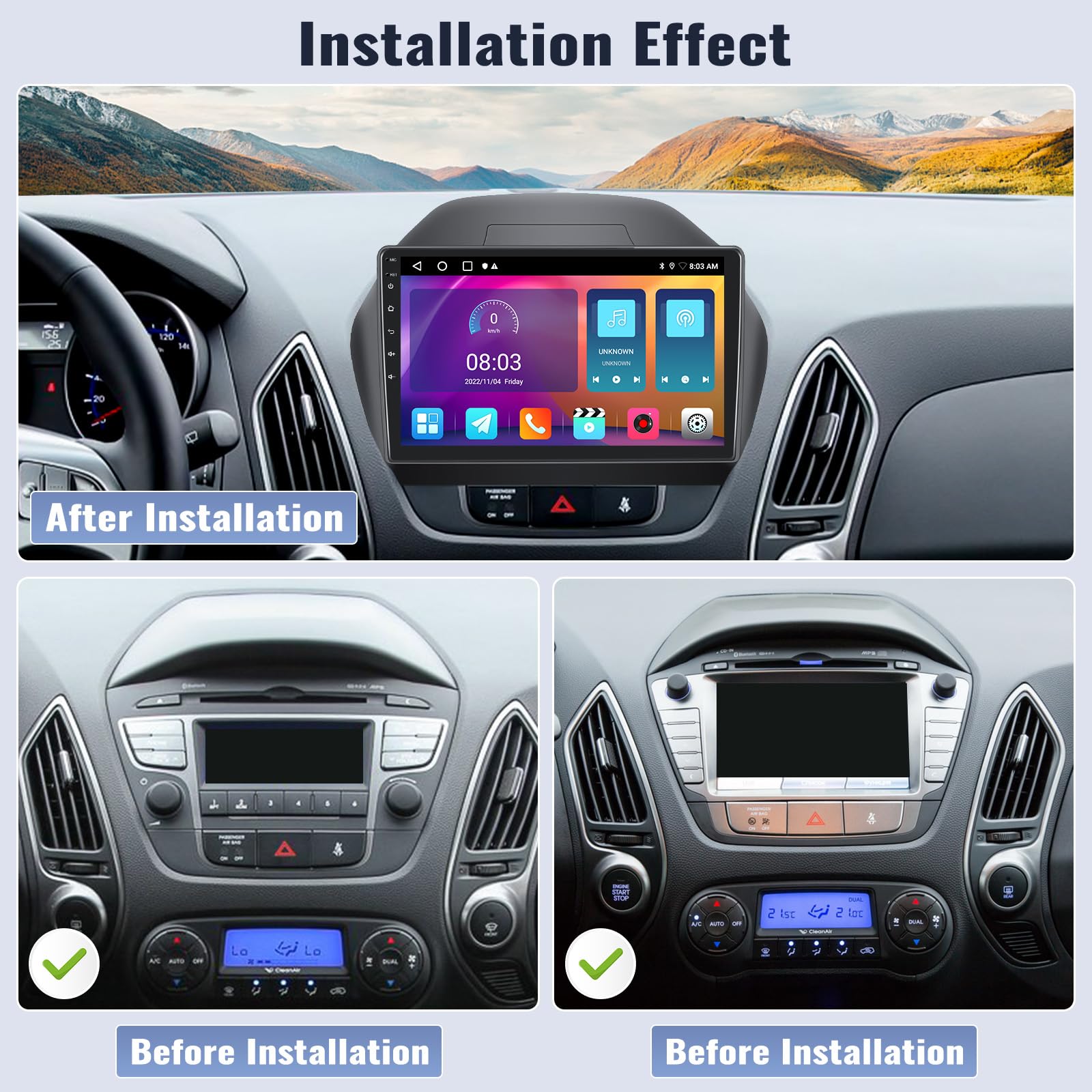 **10.1 Inch Android Car Stereo for Hyundai Tucson IX35 2010-2015 | 2GB RAM 32GB ROM | Wireless CarPlay & Android Auto | Bluetooth FM GPS Navigation | Backup Camera | Touch Screen | Perfect for Road Trips & Daily Commute**