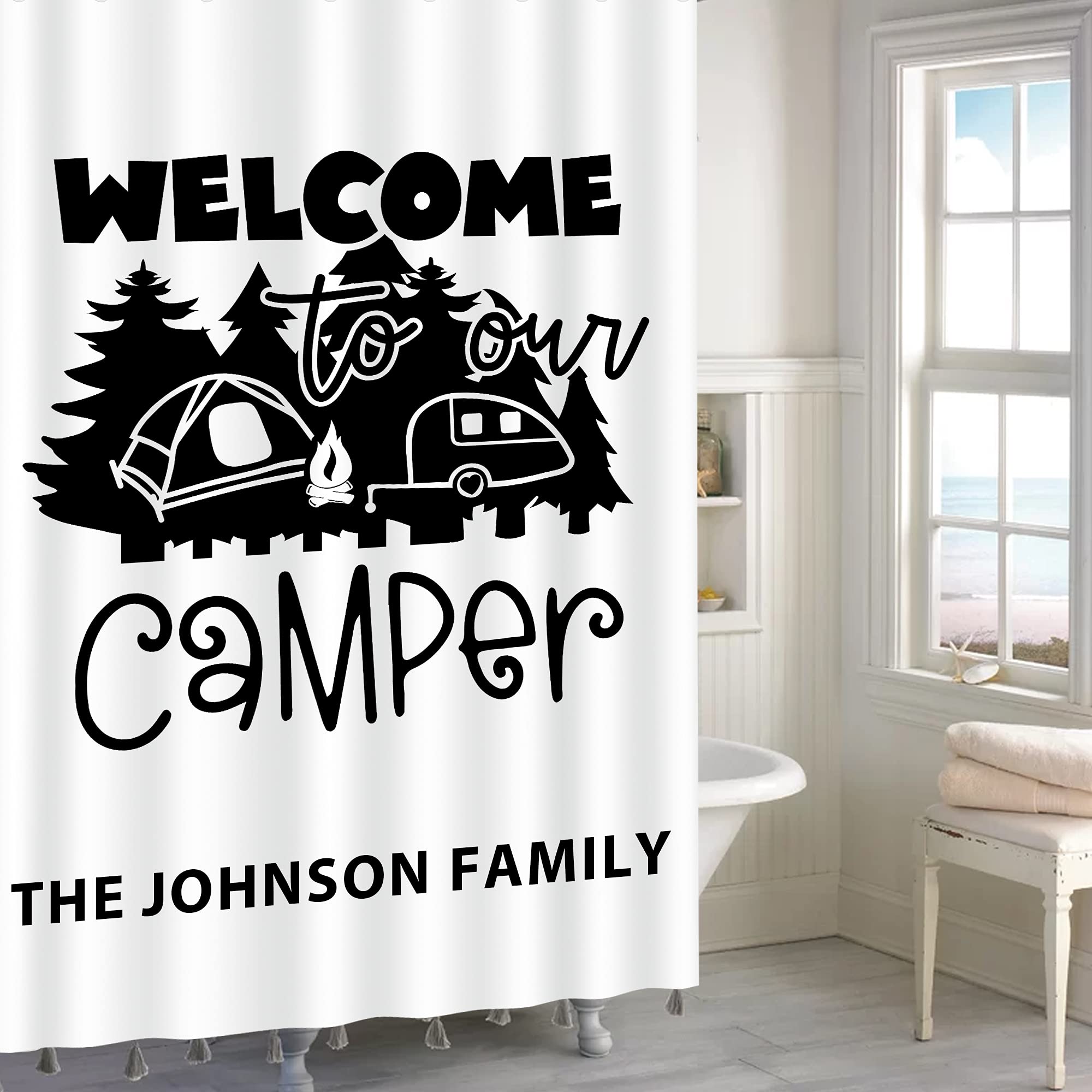 Custom RV Shower Curtain with Name - Happy Camper Decor for Travel Trailers | Perfect for Family Camping Trips