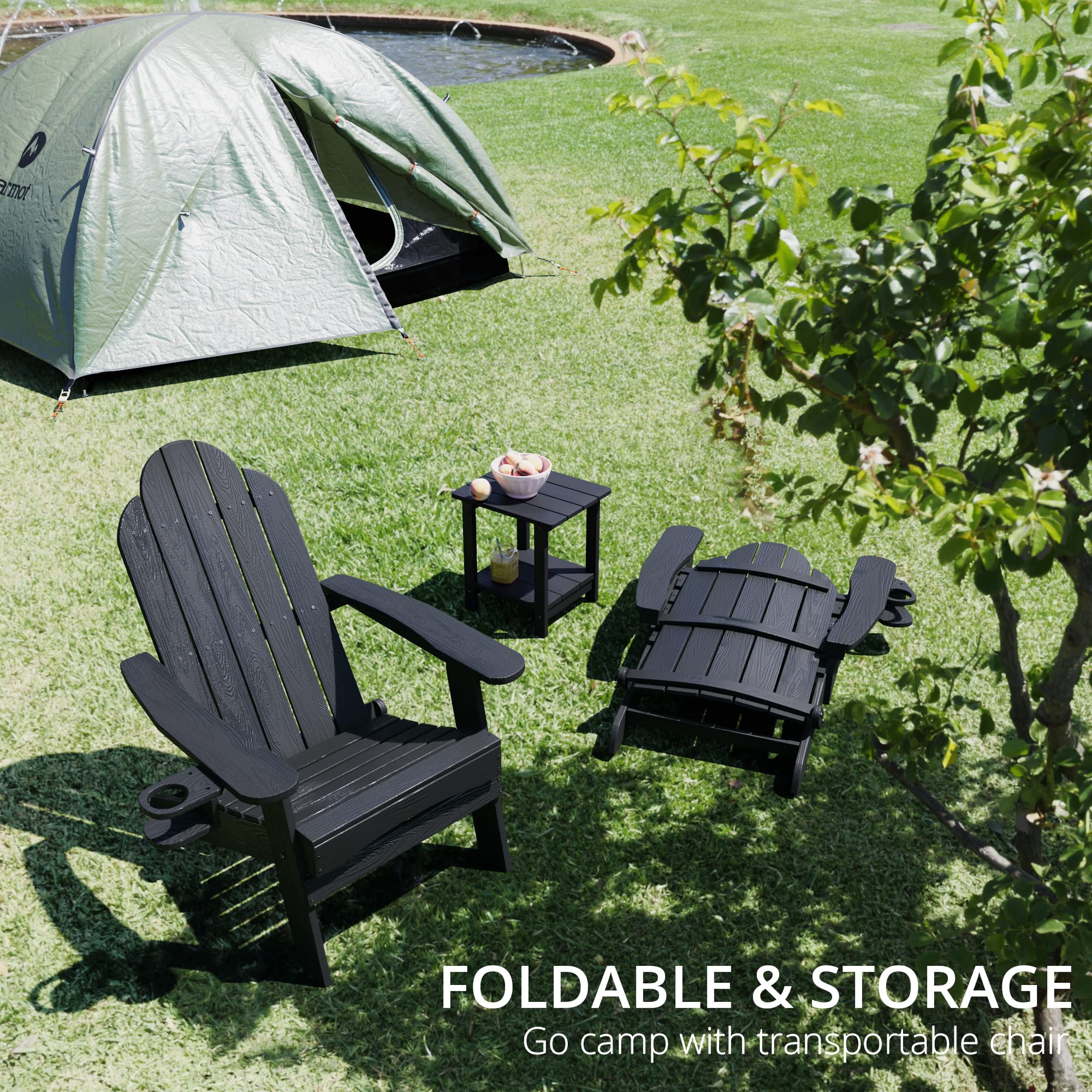 LUE BONA 2-Piece Folding Adirondack Chair Set with Side Table - Black HDPS Fire-Resistant Outdoor Patio Furniture with Cup Holders | Perfect for Backyard, Garden, Deck & Poolside Relaxation