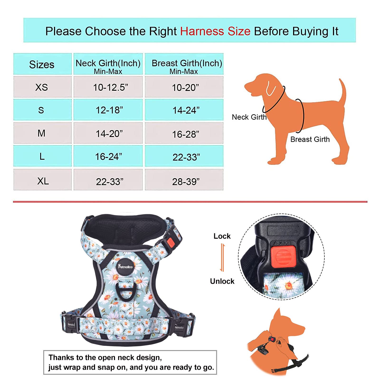 Petmolico No Pull Dog Harness Set with Leash - Reflective Adjustable Vest for Small & Medium Breeds, Puppy Control Handle & Poop Bag Holder - Perfect for Walking, Training & Outdoor Adventures (Medium, Daisy)
