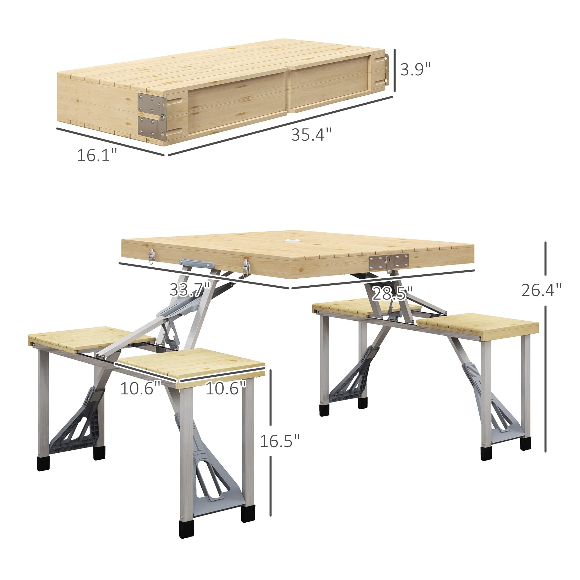 Outsunny 4-Person Folding Picnic Table Set with Chairs - Portable Aluminum Camping Table with Umbrella Hole & Natural Wood Finish - Perfect for Outdoor Dining, Backyard BBQs, Beach Trips and Camping Adventures