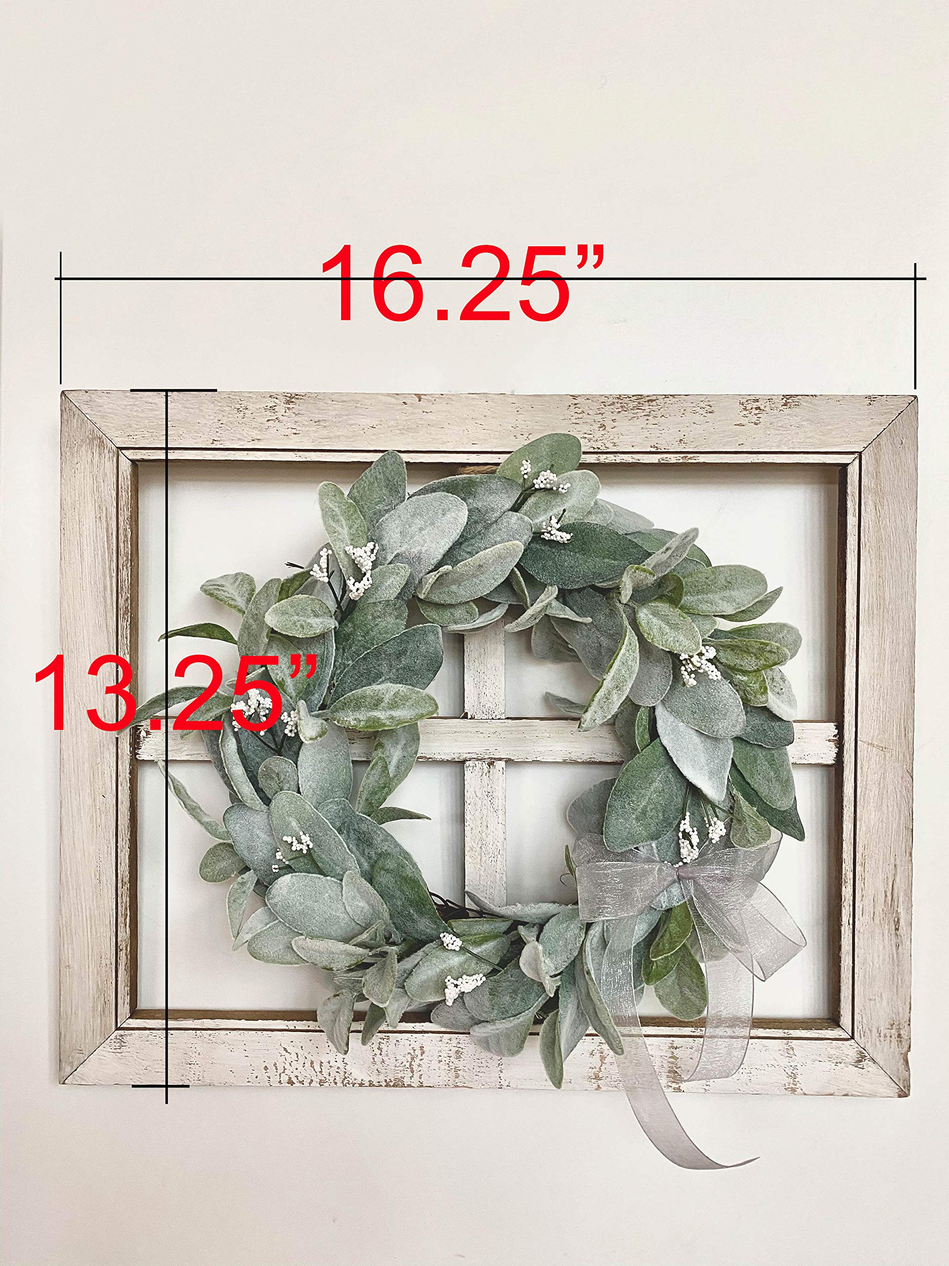Farmhouse Rustic Window Frame with Lambs Ear Wreath - Decorative Wall Hanging for Home, Front Door, Living Room & Entryway Decor - Perfect for Spring, Summer, Fall & Winter Seasonal Decorations