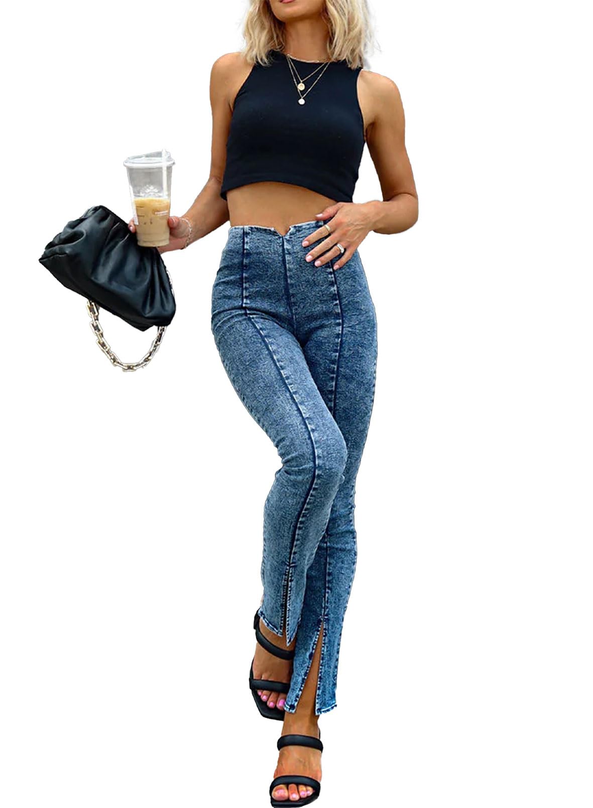 Raisecom Women's High Waist Stretch Jeans - Elastic Skinny Jeans for Curvy Women with Slit Hem | Comfortable & Stylish for Work, Casual Outfits and Date Nights