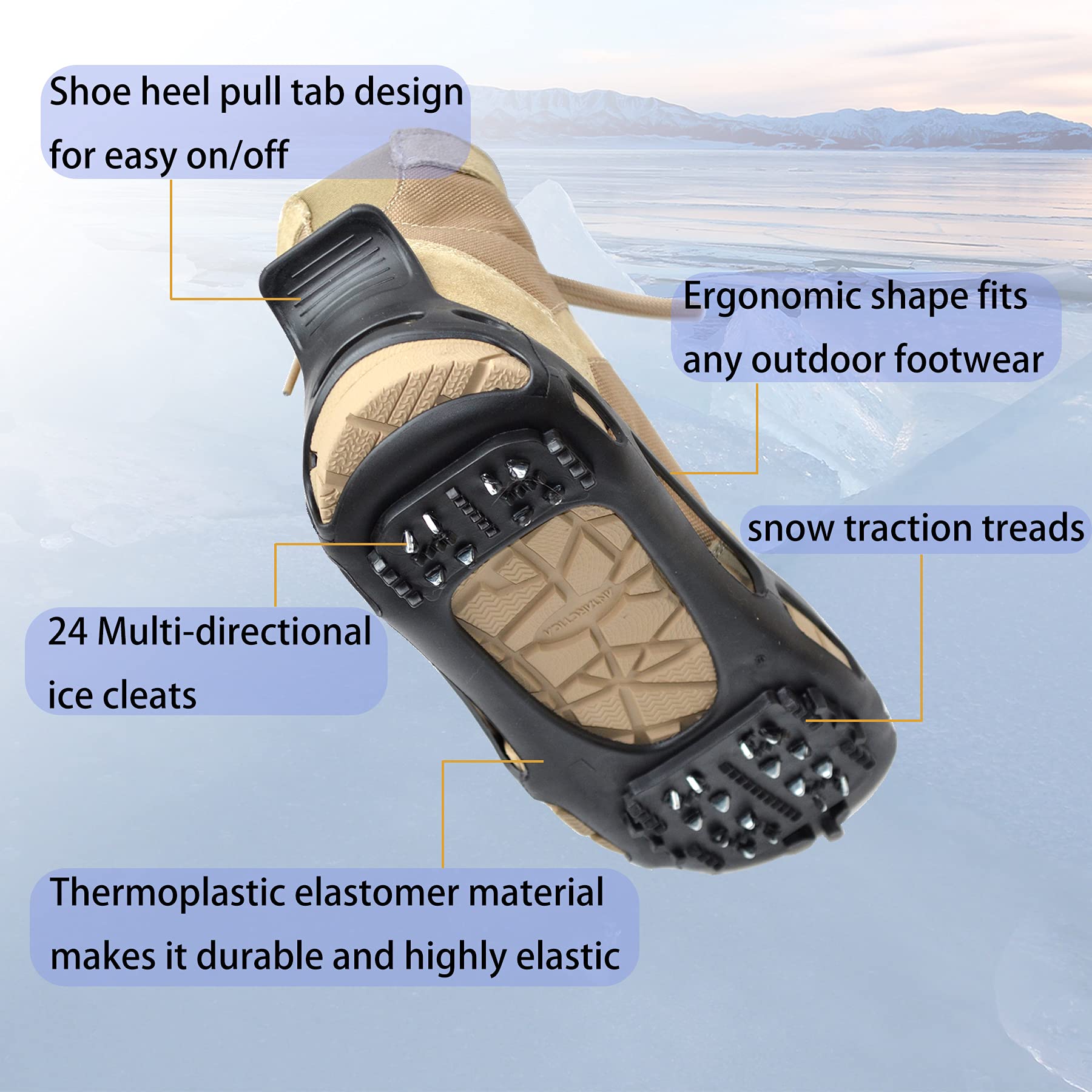 Ice Cleats for Shoes & Boots - Anti Slip Traction Crampons with 24 Studs | Rubber Overshoe Grippers for Walking on Ice & Snow | Stretchable Slip-on Design for Men & Women | Perfect for Winter Hiking, Dog Walking & Commuting