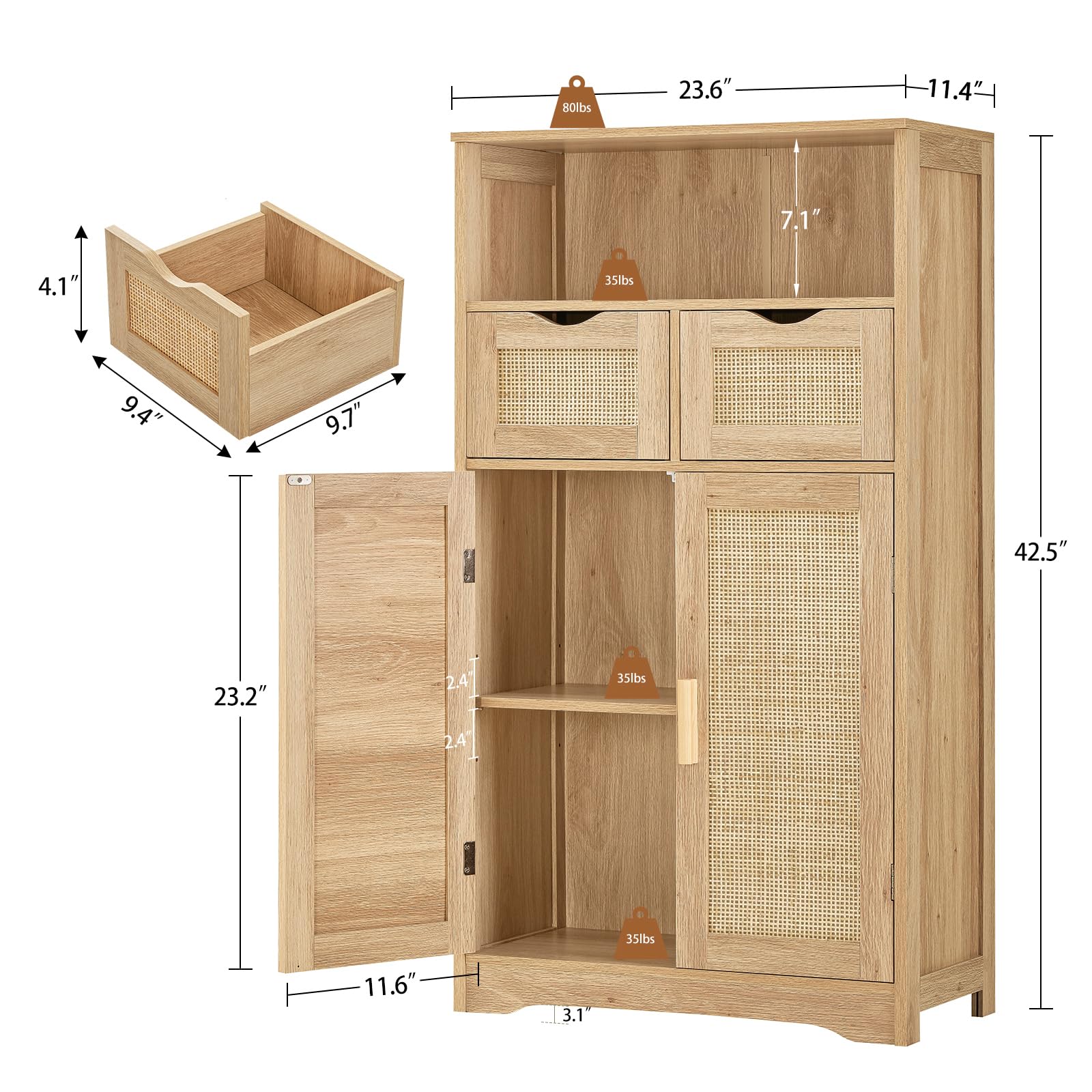 Iwell 2-Door Rattan Storage Cabinet with 2 Drawers & Adjustable Shelves - Kitchen Pantry Organizer, Living Room Cupboard, Home Office Furniture - Perfect for Small Space Organization & Home Decor