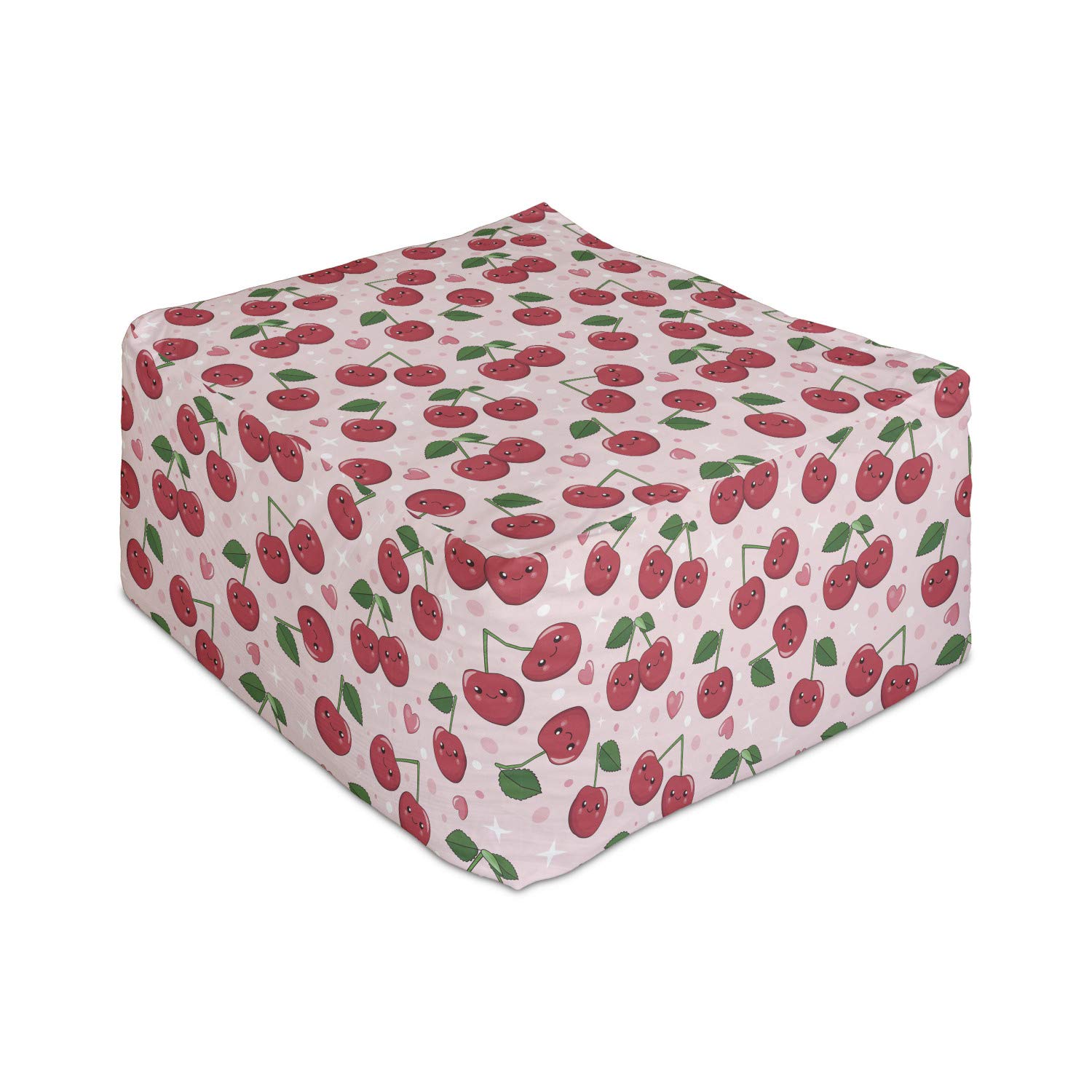 Ambesonne Fruit Rectangle Pouf - Funny Kawaii Berries & Cherry Branches with Smiling Faces, Love & Romance Theme - 25