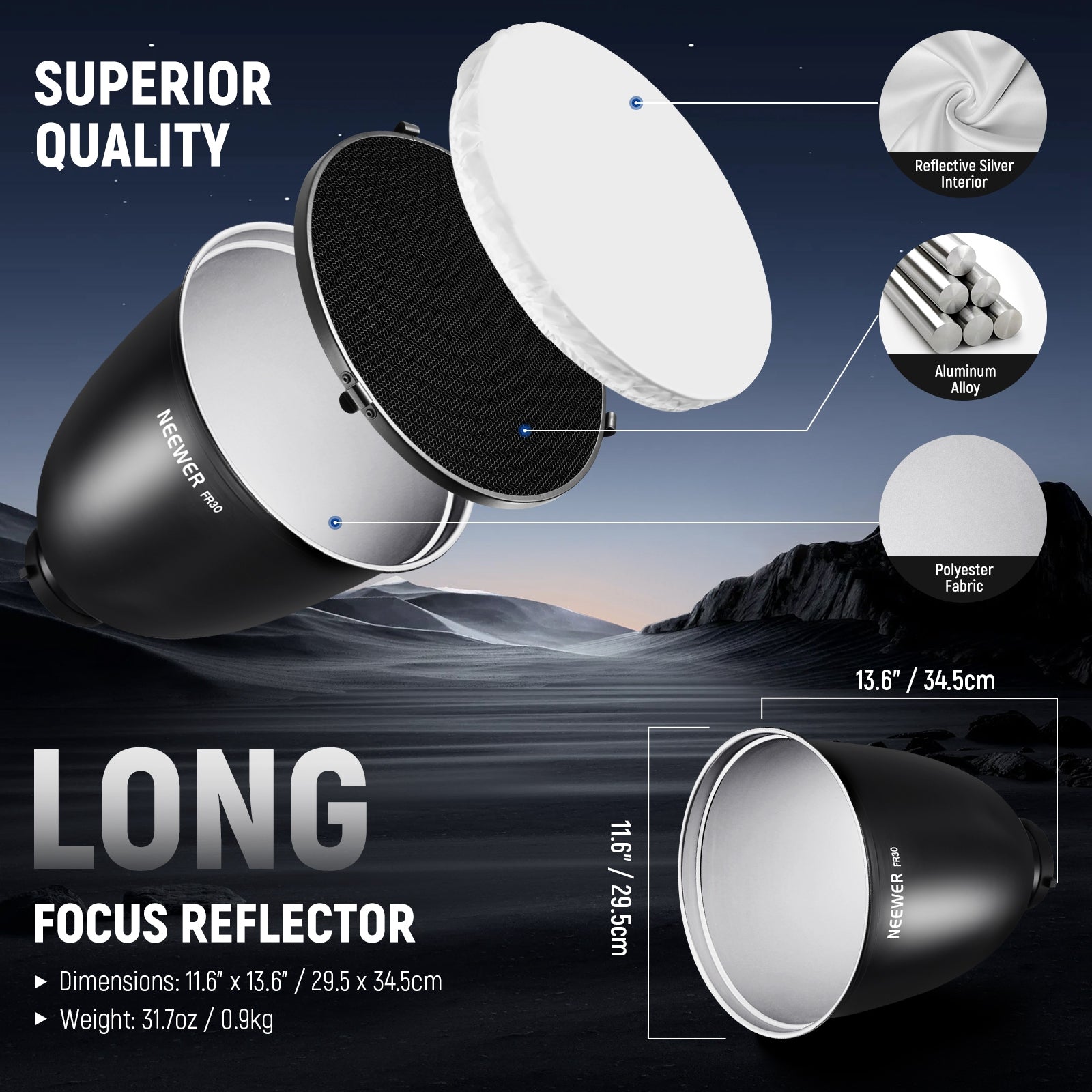 NEEWER FR30 11.6/29.5cm Deep Focus Reflector for Photography & Video Lighting - Perfect for Studio, Portrait, and Product Shoots