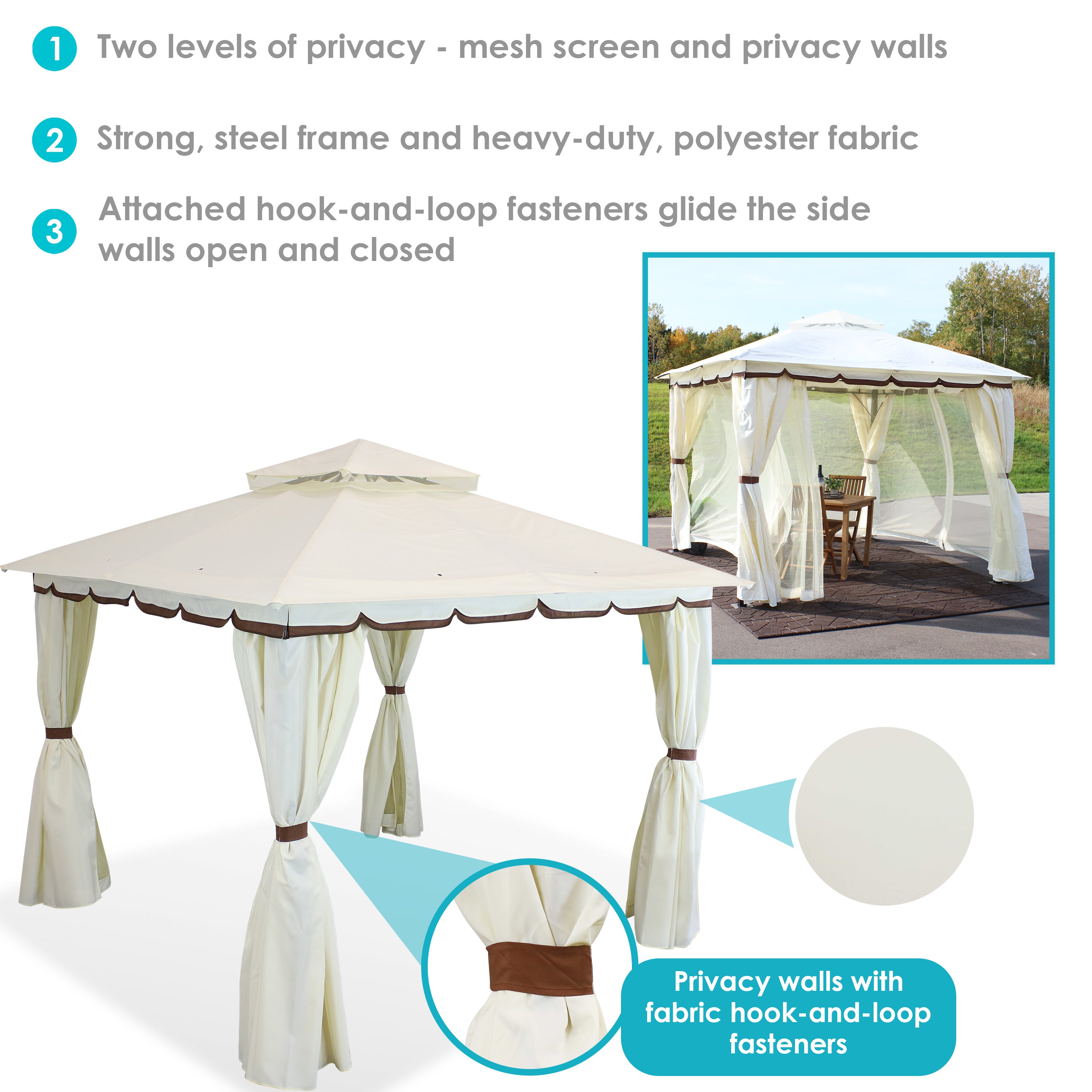 10' x 10' Sunnydaze Outdoor Gazebo with Mesh Screens & Privacy Walls - Perfect for Backyard, Patio, and Garden Relaxation