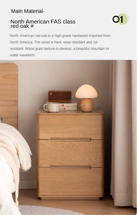 Solid Oak Wood 3-Drawer Nightstand with Lock - Bedside Table for Bedroom, Living Room & Office Storage