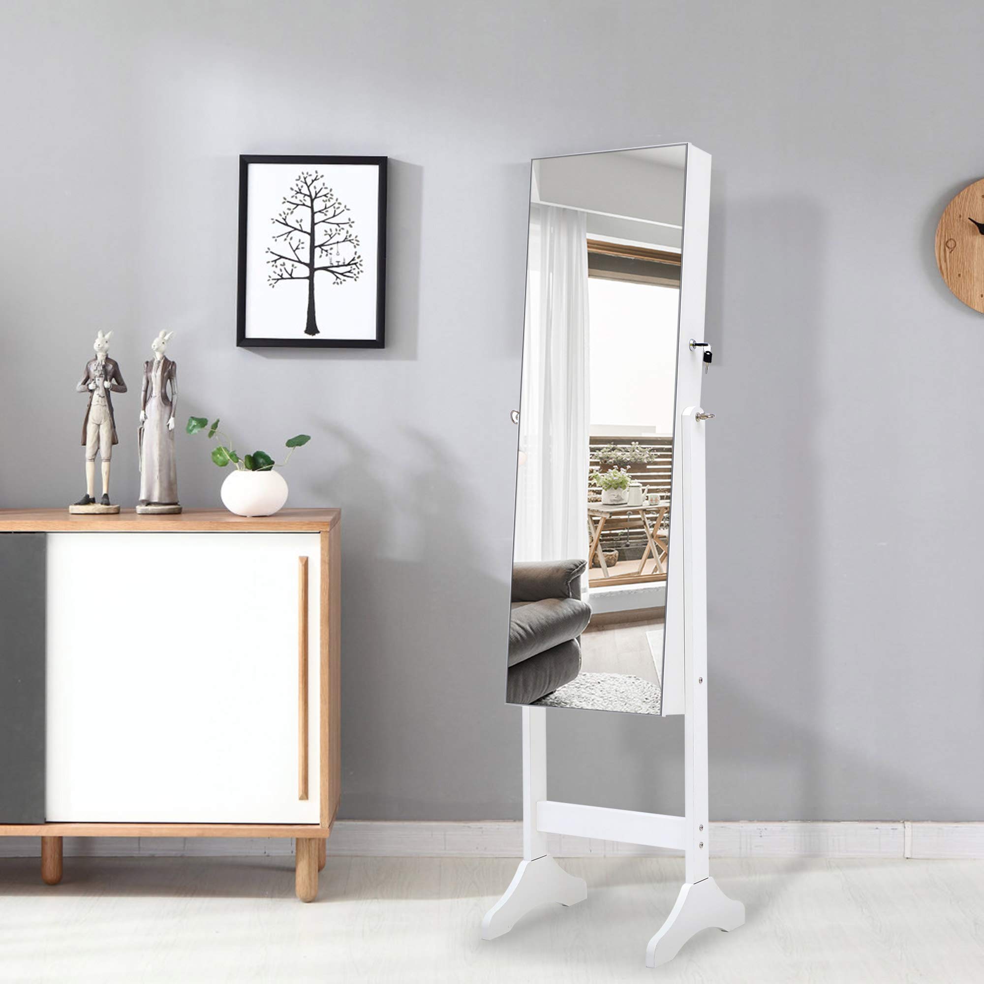 6 LED Lockable Standing Mirror Jewelry Cabinet with Large Storage - Full Screen & Interior Mirror, 2 Drawers, 3 Adjustable Angles - Perfect for Bedroom, Dressing Room & Jewelry Organization (White)