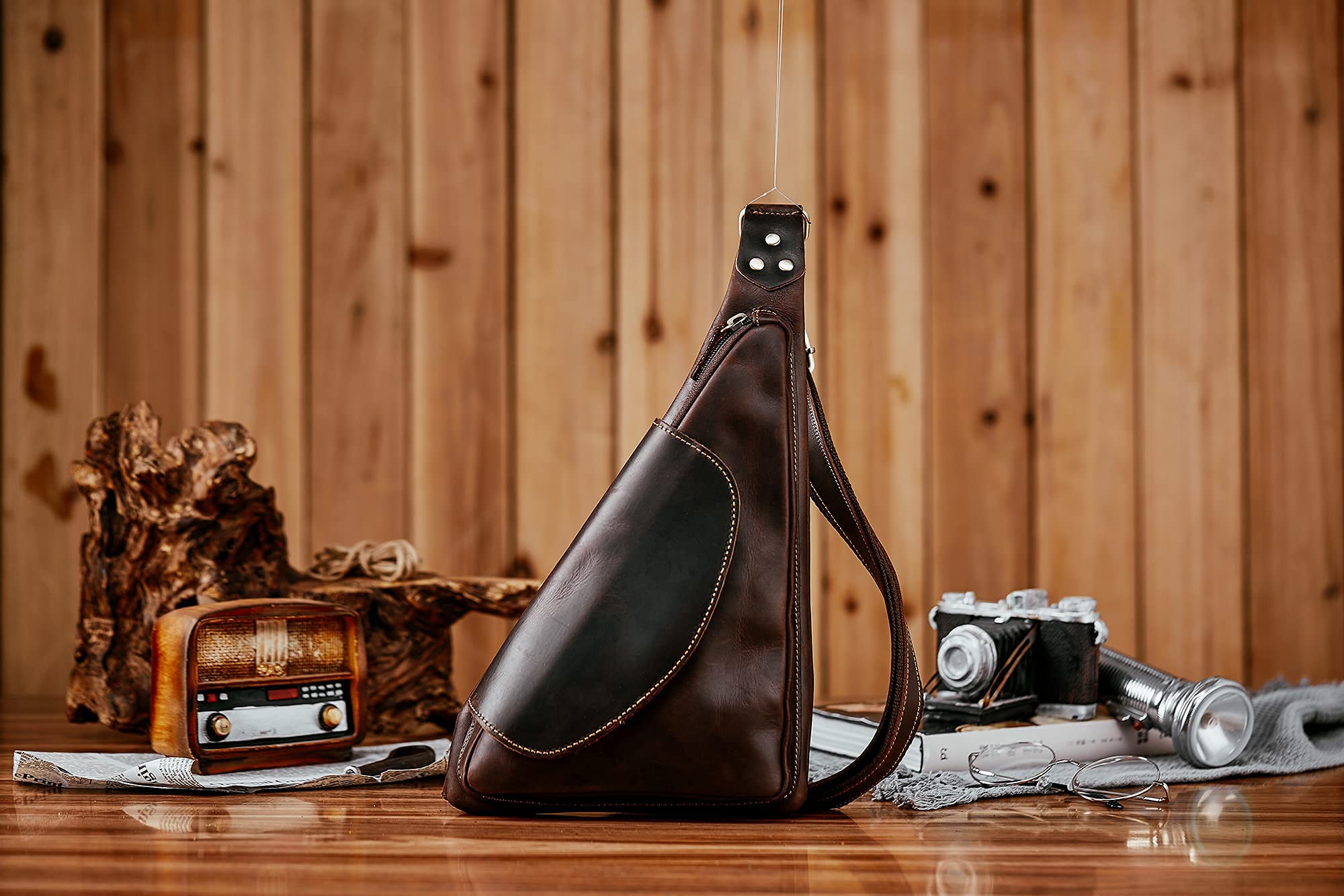 Men's Leather Crossbody Sling Backpack - Travel Hiking Chest Bag Daypack (Coffee Brown) - Perfect for Outdoor Adventures, Commuting & Daily Use