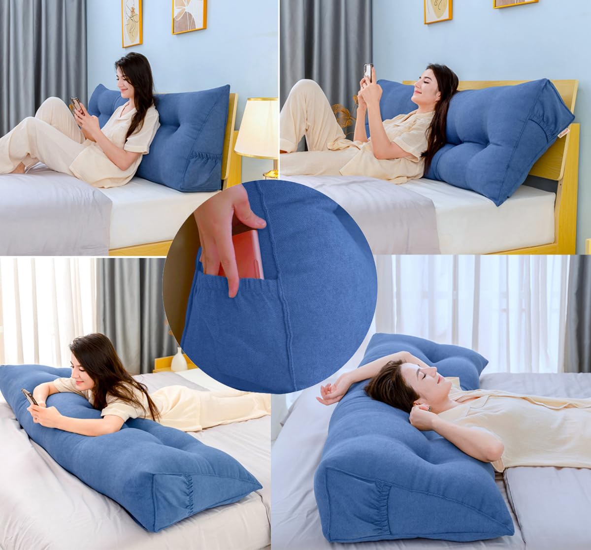 Large Wedge Pillow for Reading in Bed - Dark Purple Backrest Cushion with Removable Cover & Side Pockets (47